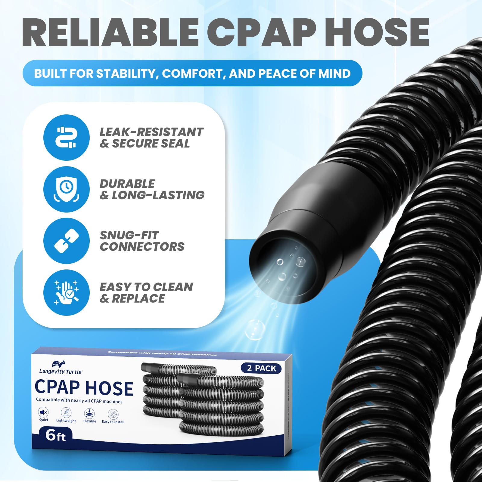Longevity Turtle manguera CPAP flexible para movimientos sin tirones