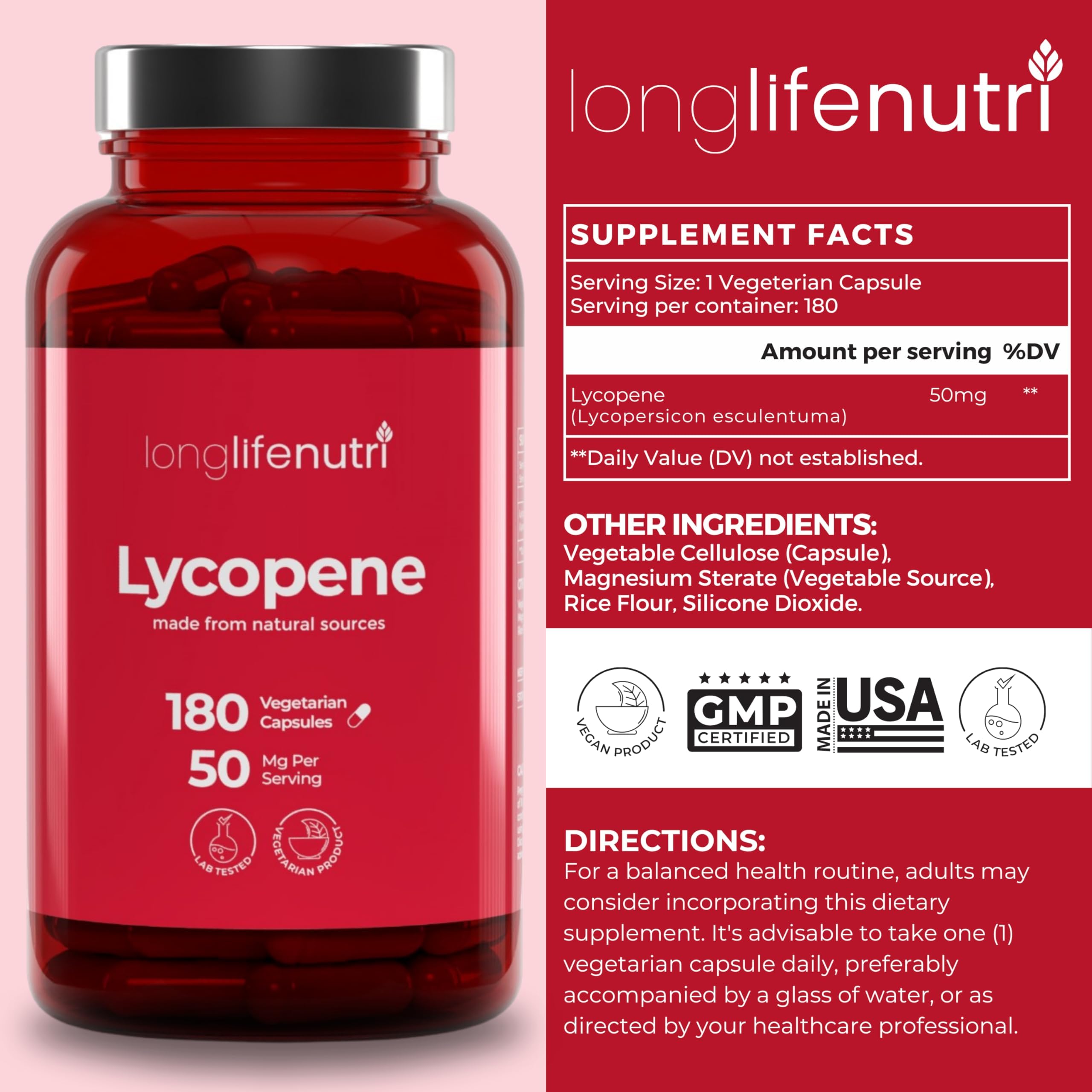 Etiqueta de LongLifeNutri Licopeno en caja, sin OGM para opción natural