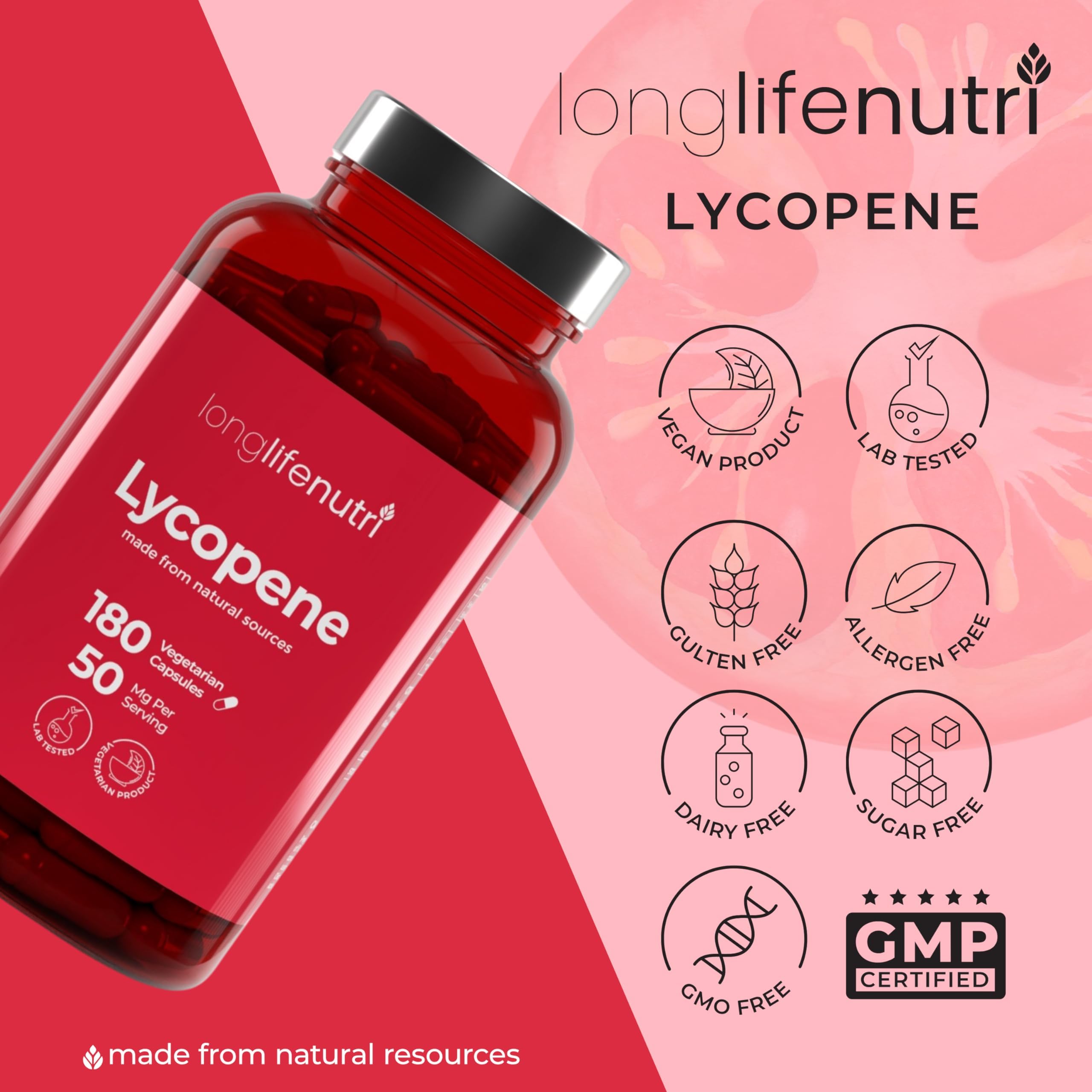 Etiqueta destacada de Licopeno LongLifeNutri en pantalla, enfatizando pureza
