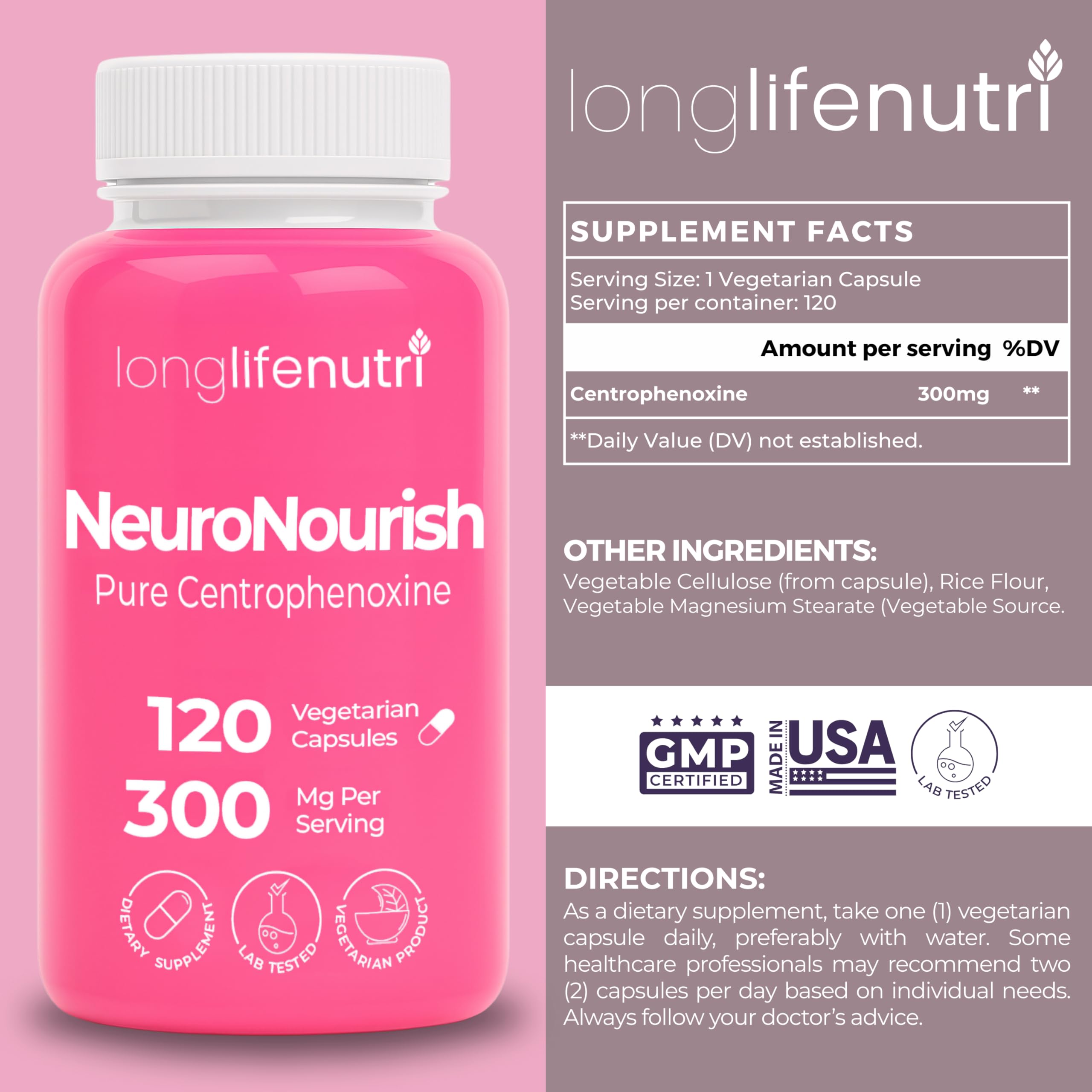 LongLifeNutri NeuroNourish: etiqueta clara que destaca la fórmula natural.