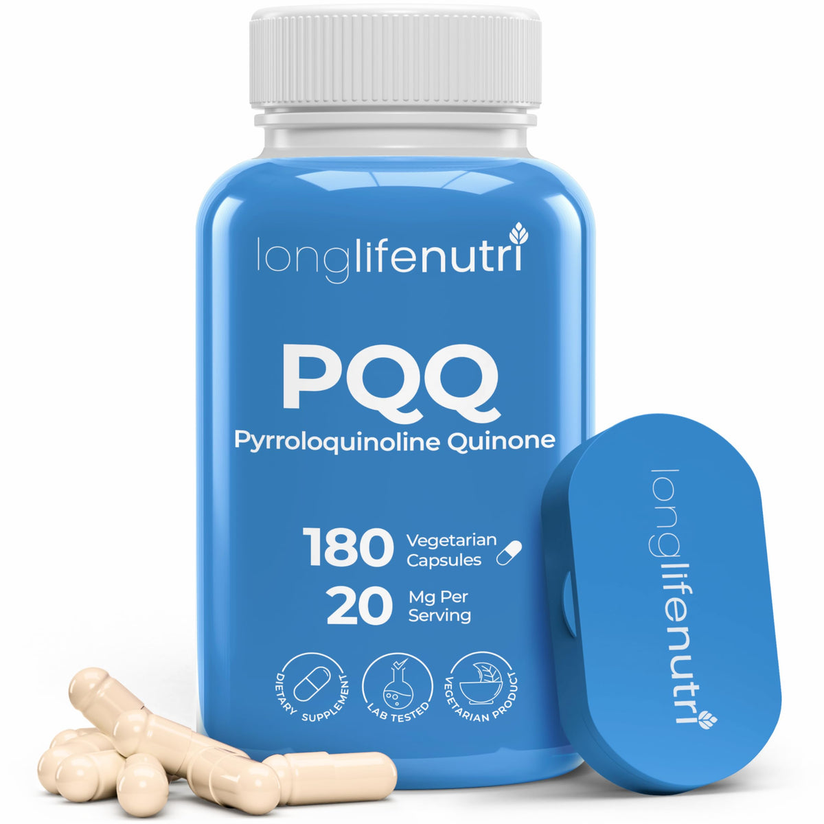 LongLifeNutri PQQ 20mg: cápsulas en frasco para energía diaria.