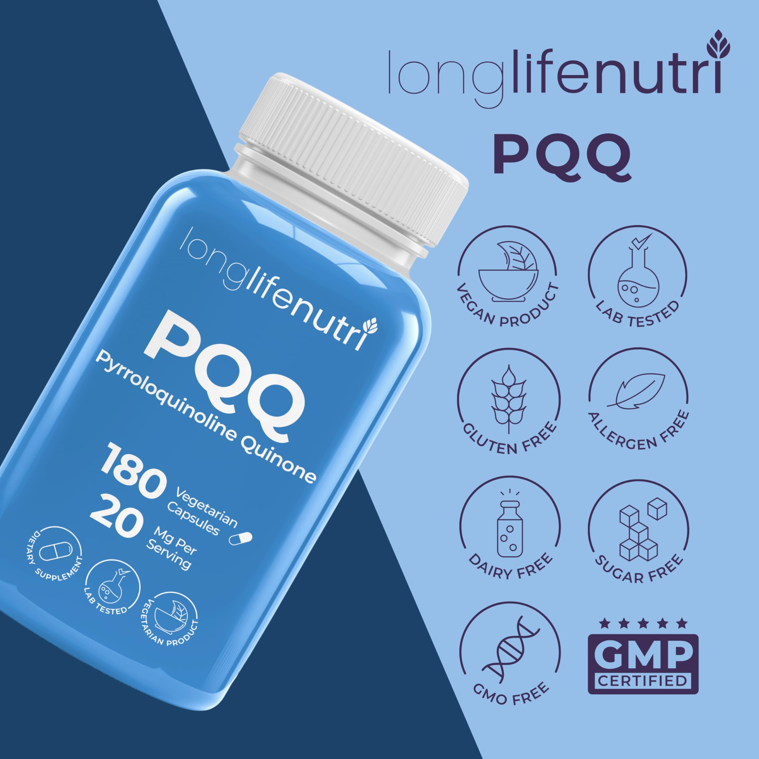 LongLifeNutri PQQ 20mg: energía sostenida para tus tareas.
