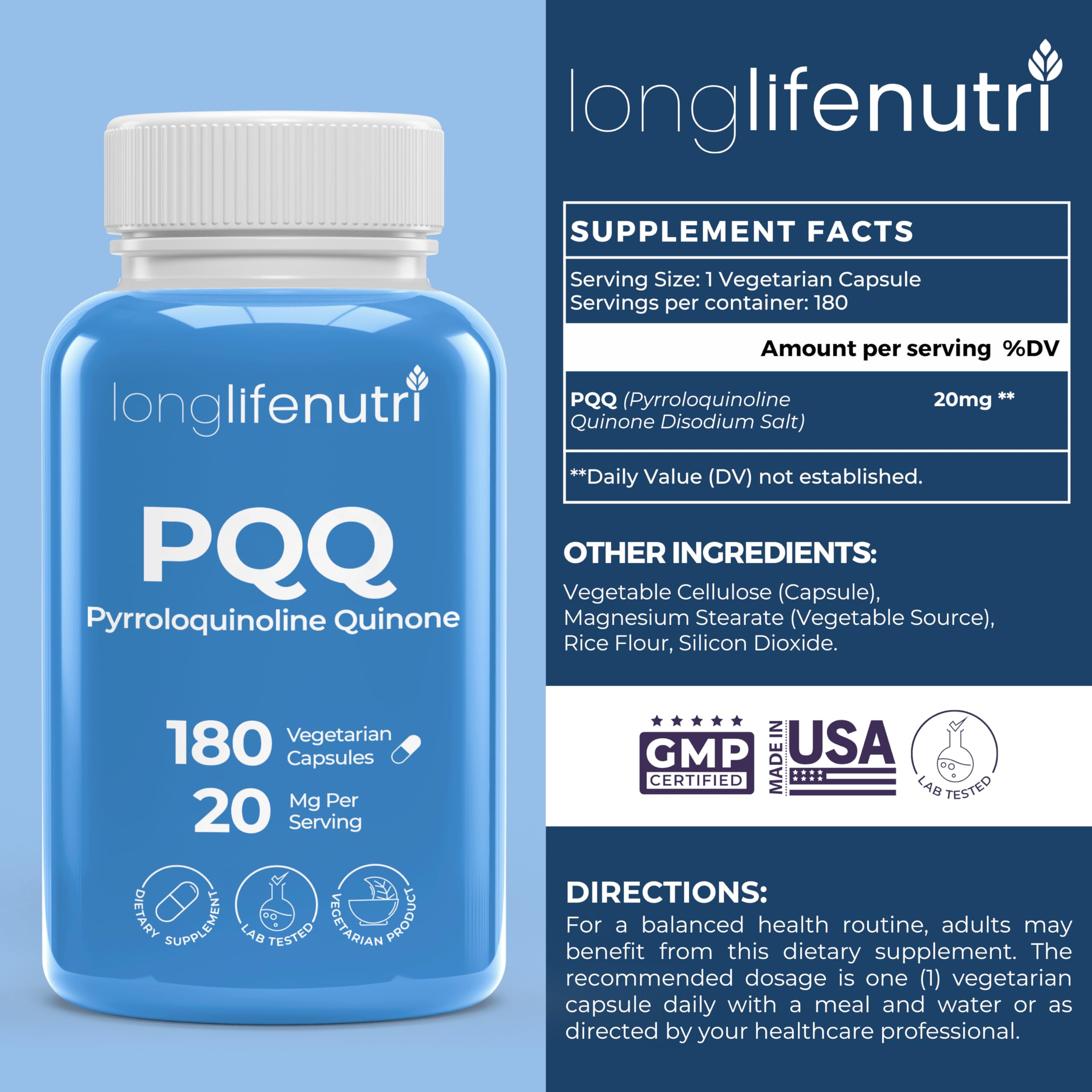 LongLifeNutri PQQ 20mg: etiqueta visible para claridad mental.