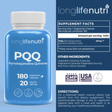 LongLifeNutri PQQ 20mg: etiqueta visible para claridad mental.