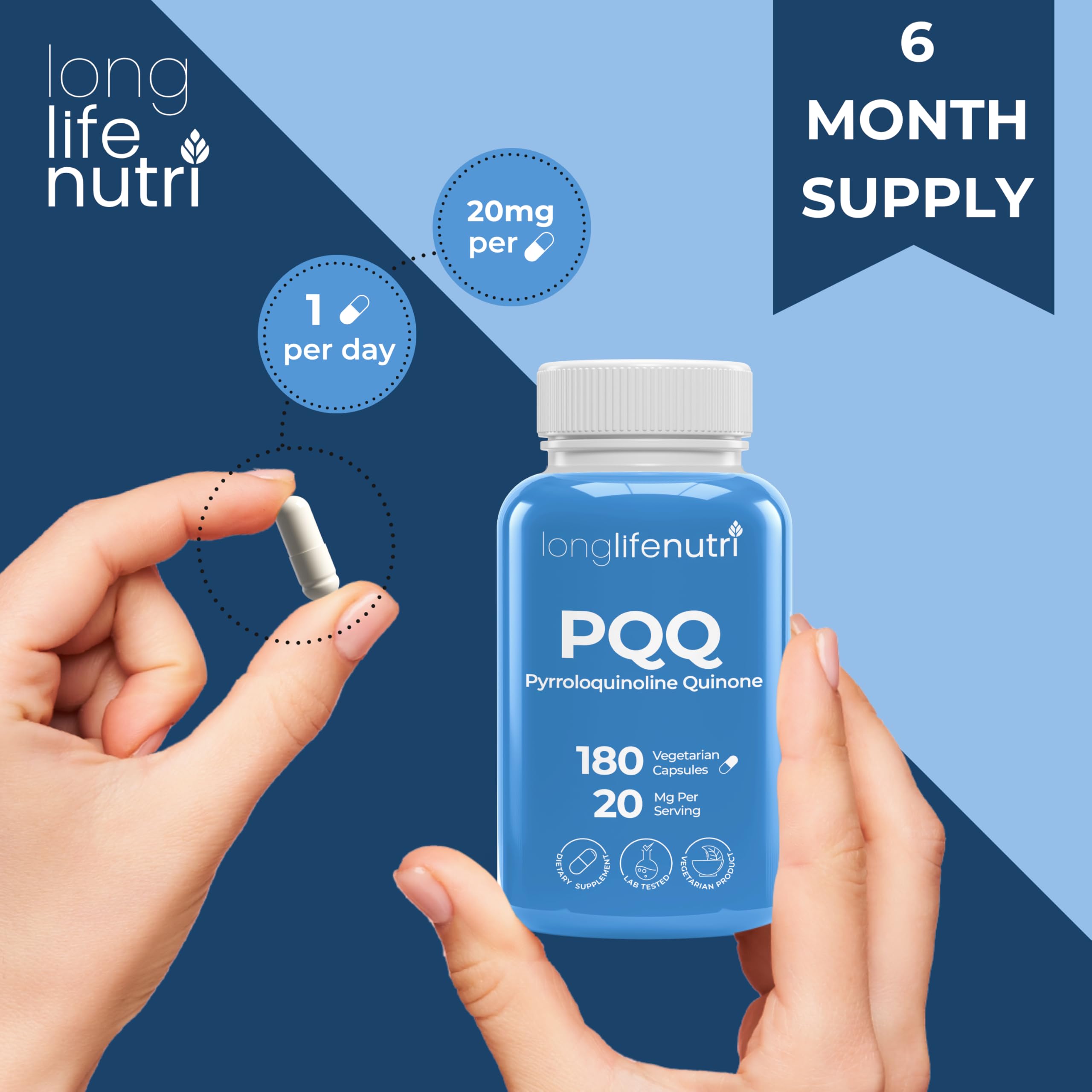 LongLifeNutri PQQ 20mg: suministro de 6 meses para tranquilidad.
