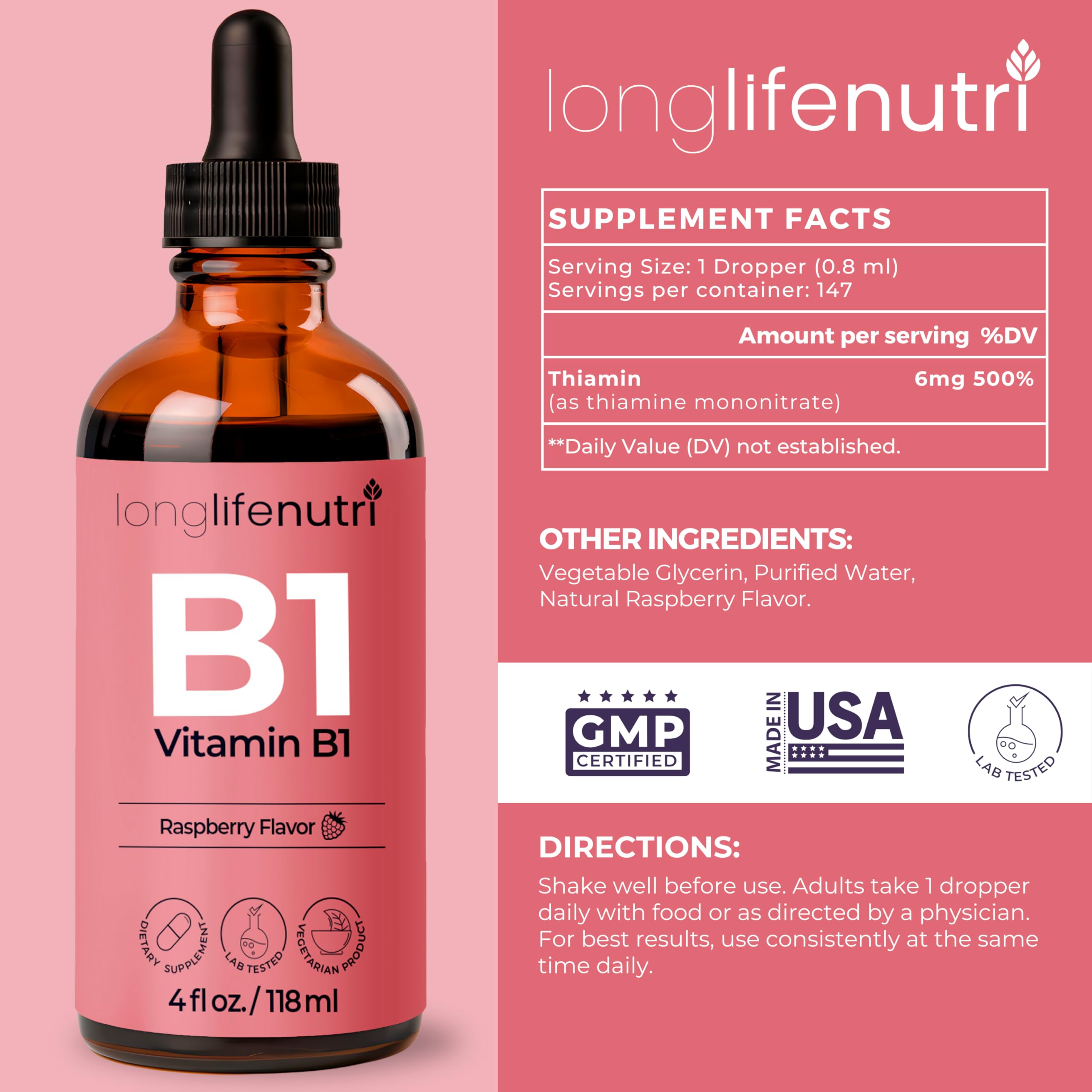 LongLifeNutri Tiamina gotas, dosis de absorción rápida para vida activa.