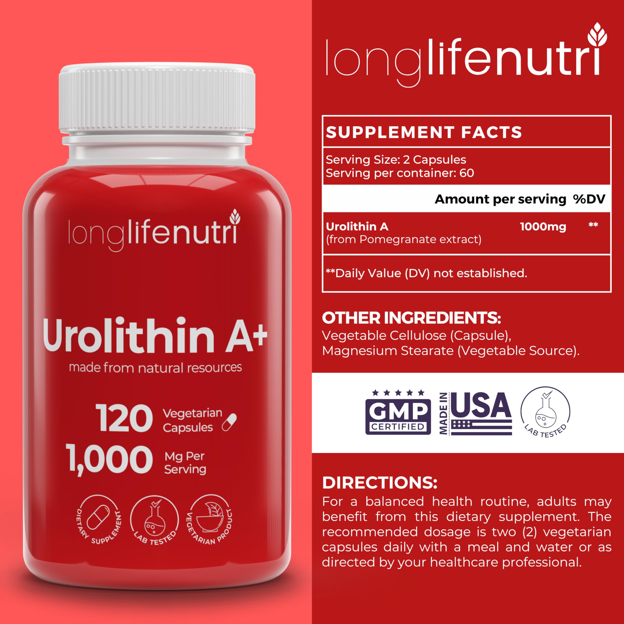 Cápsulas de LongLifeNutri Urolithin A+, conveniencia de 2 meses.