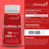 Cápsulas de LongLifeNutri Urolithin A+, conveniencia de 2 meses.