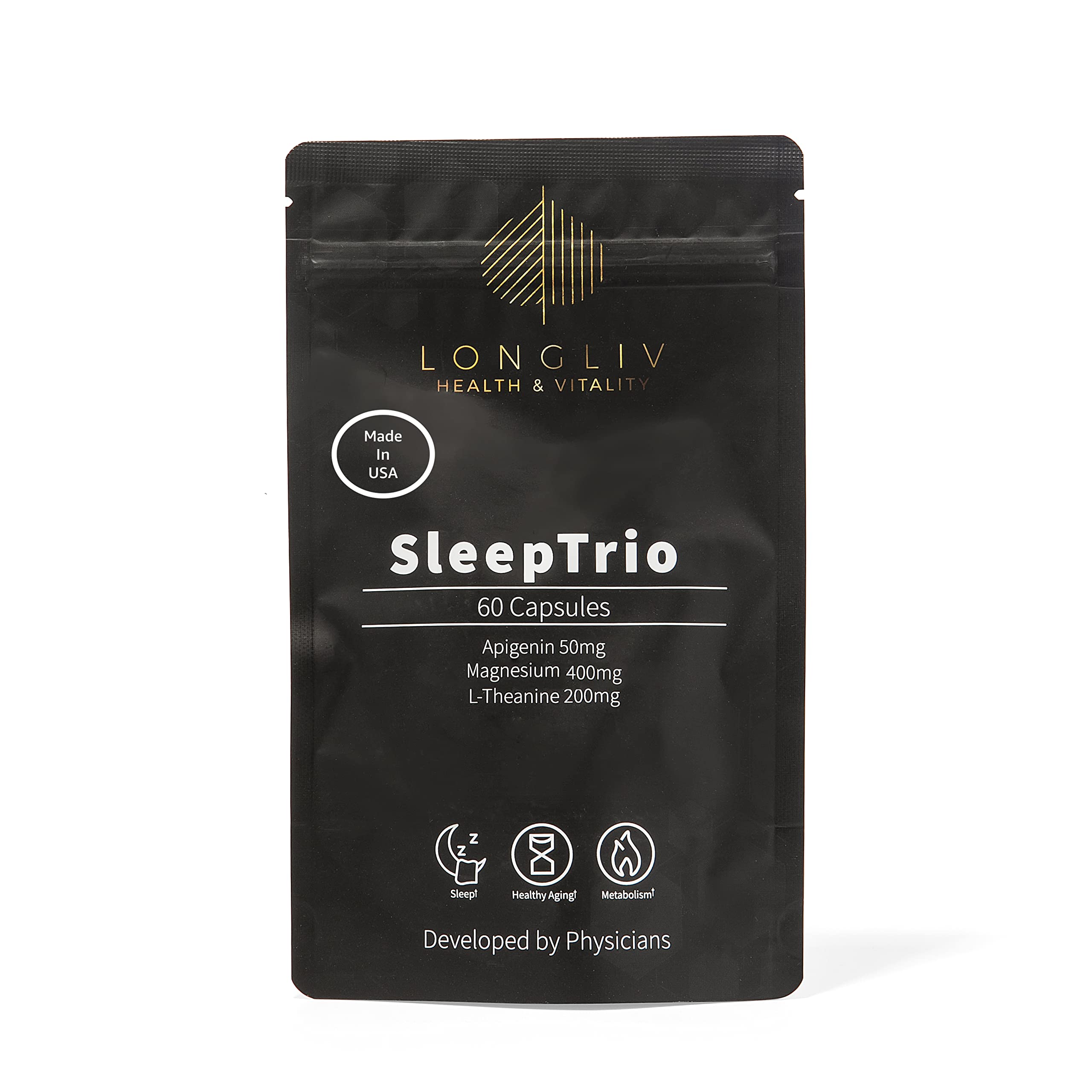 LongLiv Sleep Trio en empaque, listo para uso nocturno y fácil dosificación.