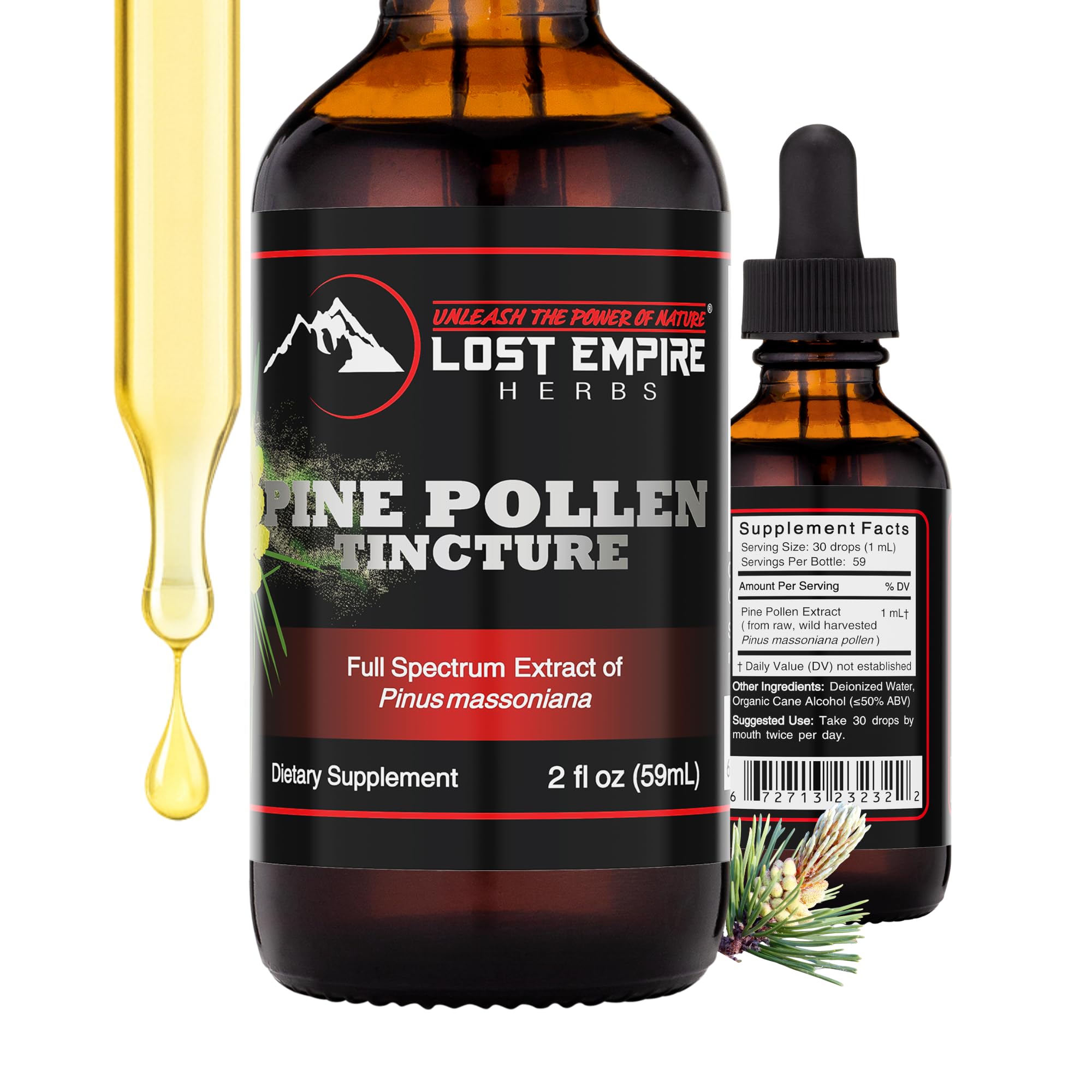 Tintura de polen de pino Lost Empire Herbs en frasco de dos onzas, absorción eficiente.