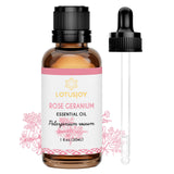 LOTUSJOY Aceite esencial de geranio rosa en botella ámbar para aromaterapia.