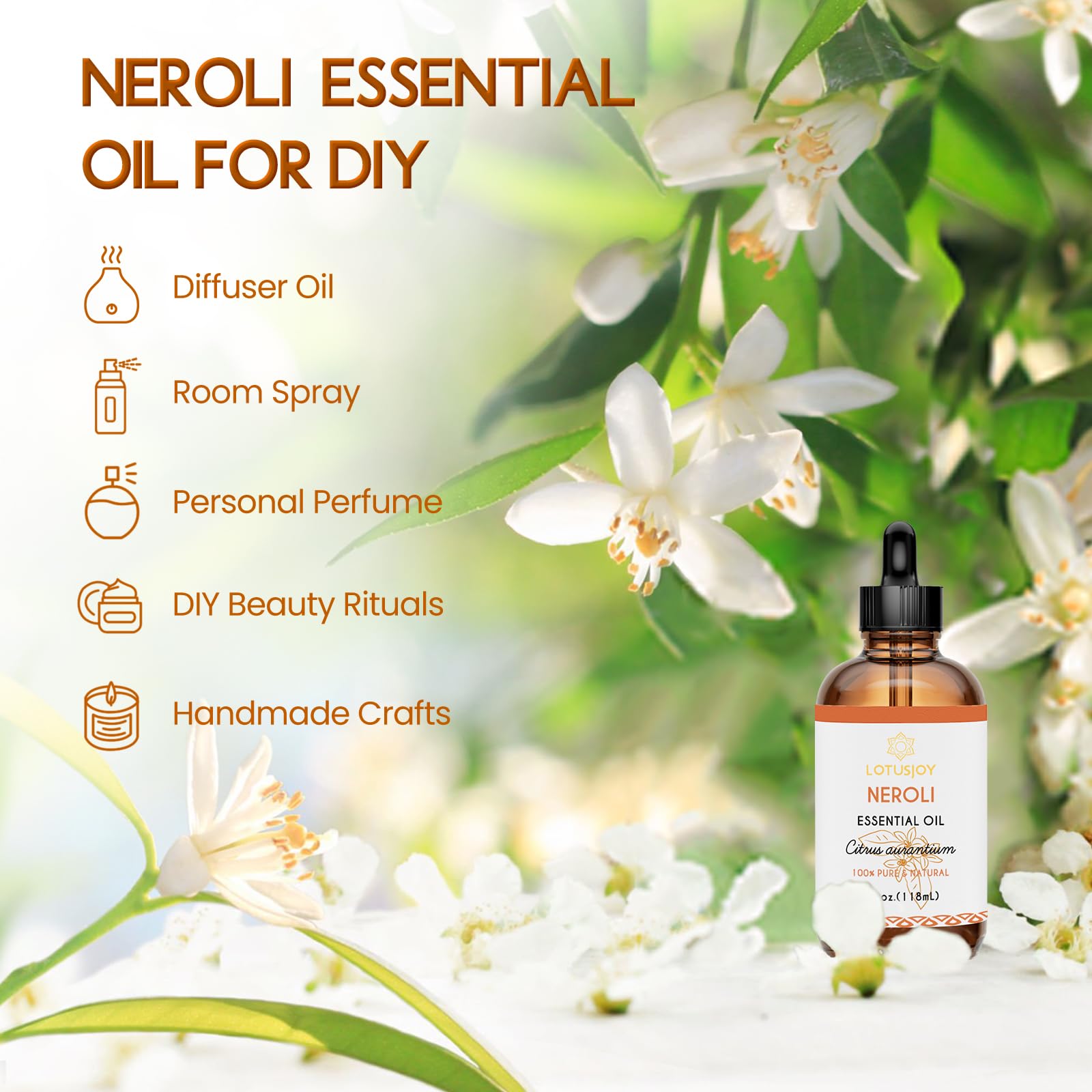 Aceite de Neroli de LotusJoy para cuidado diario de la piel.