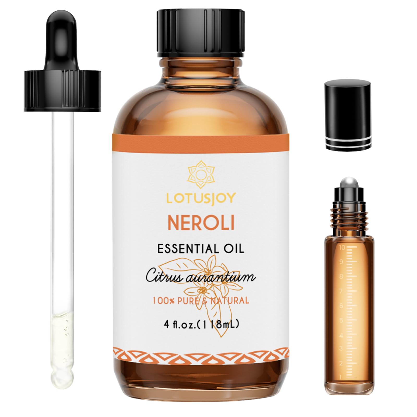 LotusJoy Neroli puro en botella ámbar para aromaterapia suave.