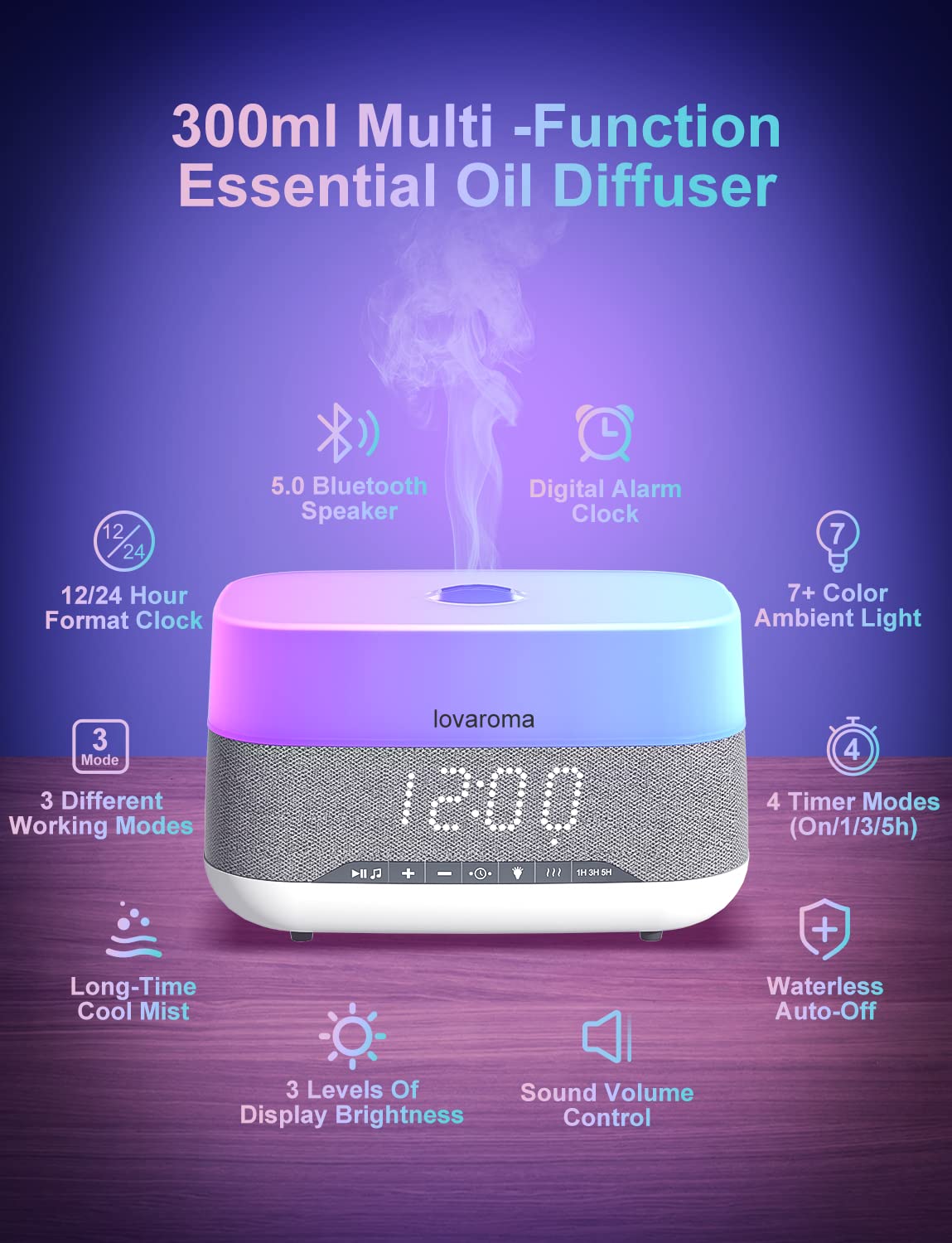Lovaroma difusor con altavoz inalámbrico para reproducir música.
