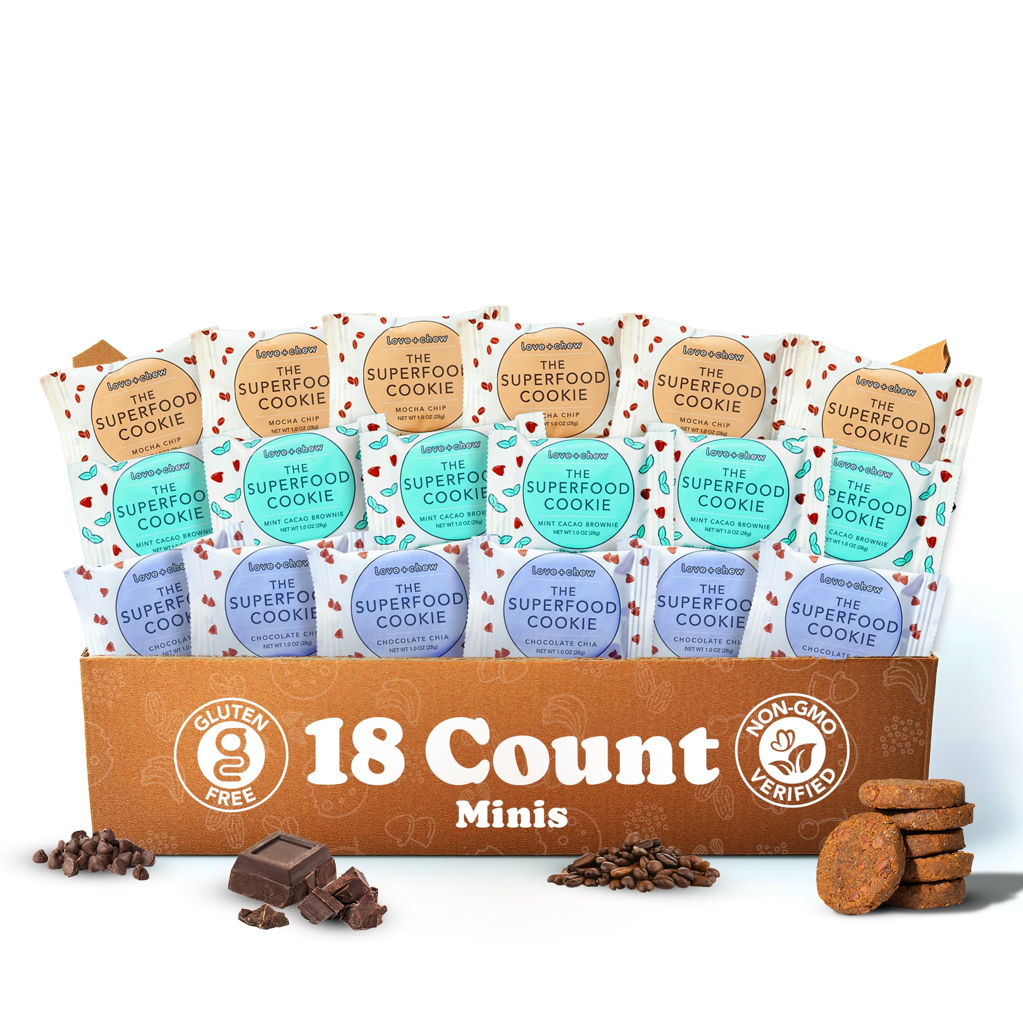 Love + Chew galletas mini-veganas envueltas individuales para snack diario.