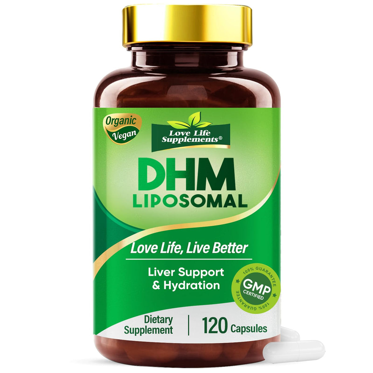 Love Life Supplements DHM 1000mg envase con cápsulas para apoyo suave