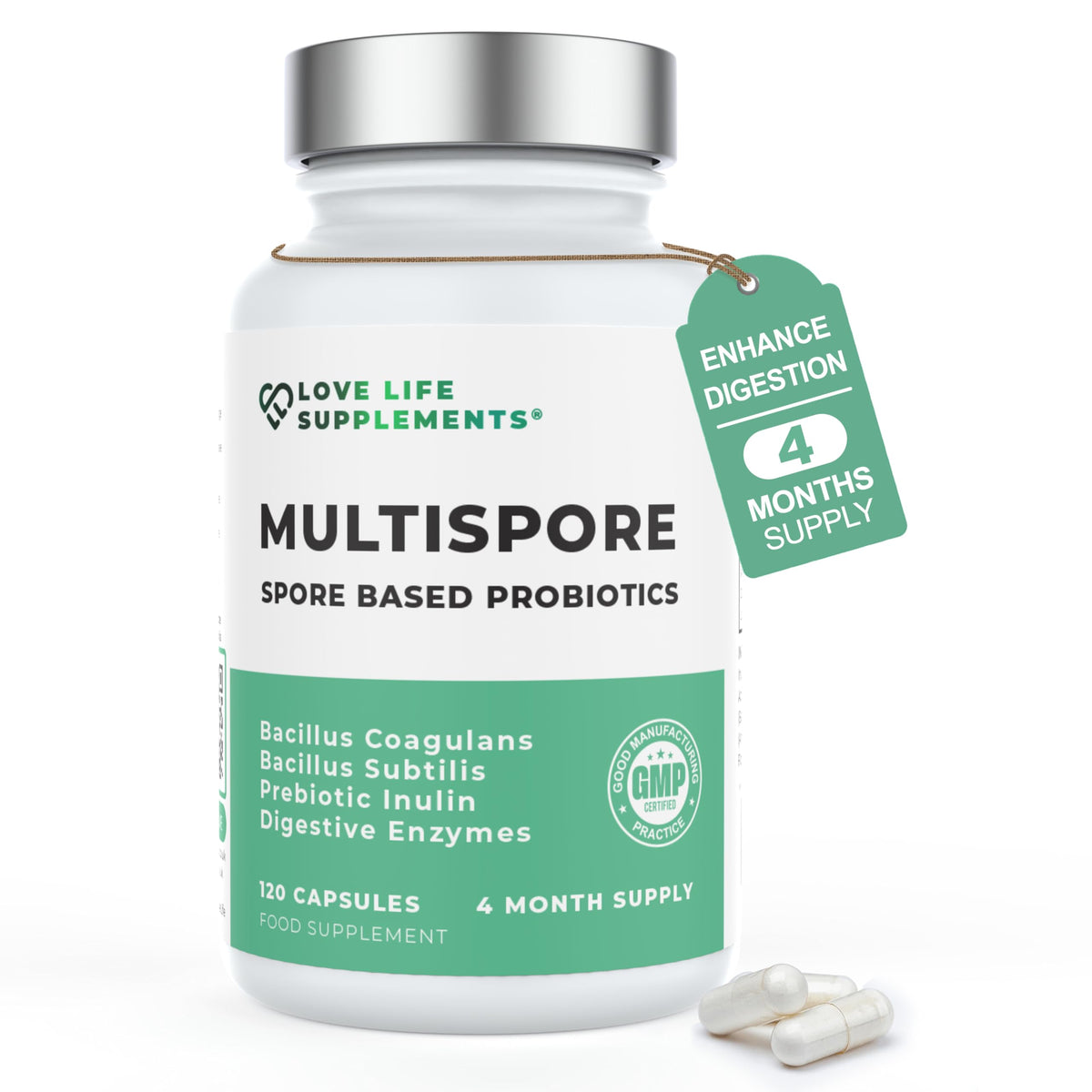 Love Life Supplements Multispore Plus cápsulas: probiótico estable para uso diario y salud intestinal