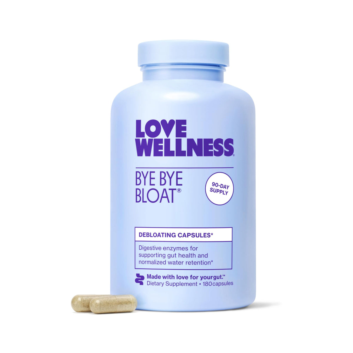 Love Wellness Adiós Hinchazón - botella con cápsulas para alivio tras las comidas.