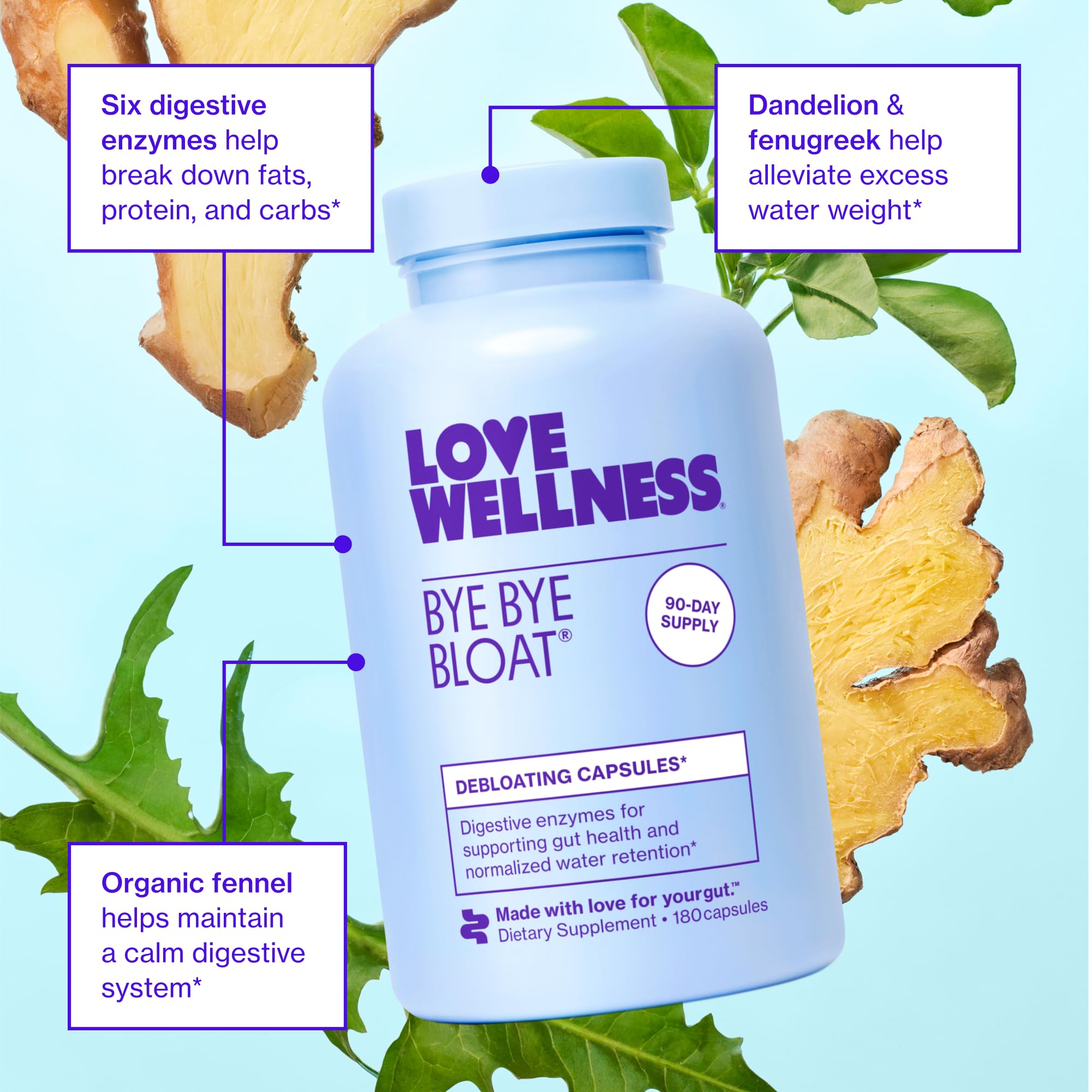 Love Wellness Adiós Hinchazón - etiqueta con ingredientes orgánicos.