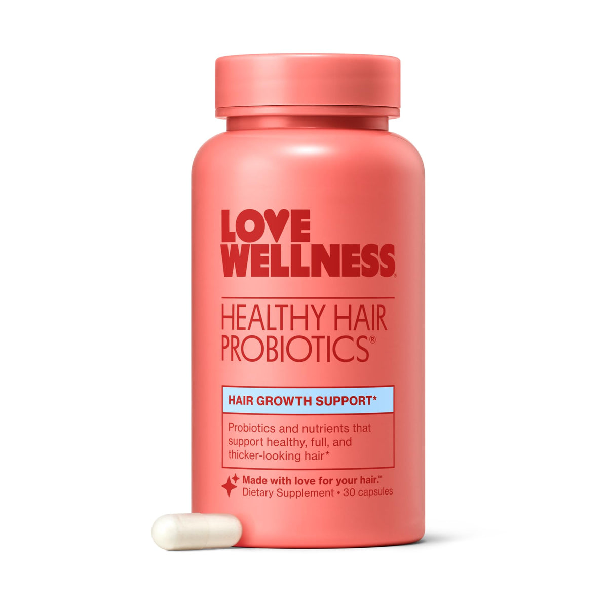 Love Wellness: bote de probióticos para cabello saludable y brillo.