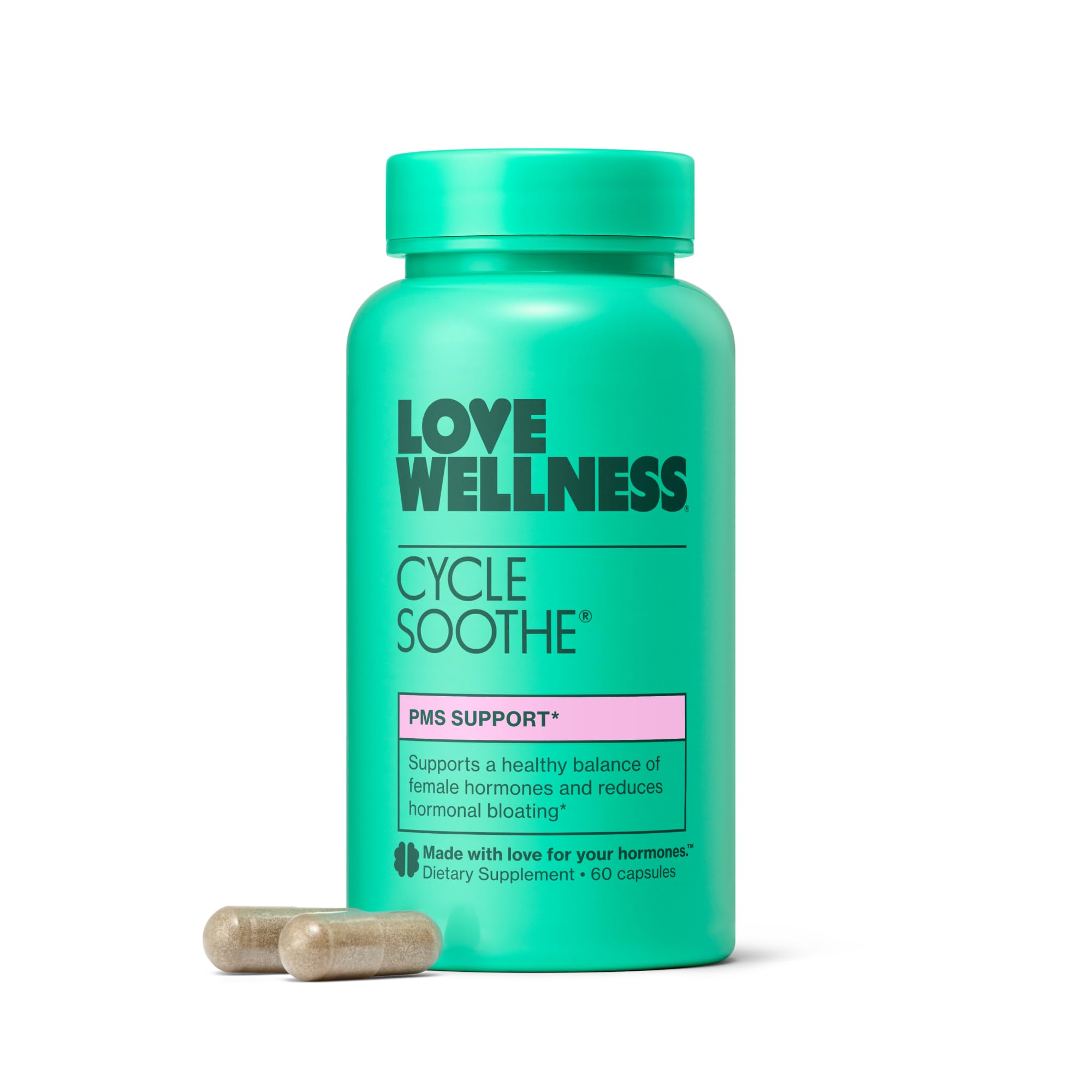 Love Wellness Cycle Soothe: botella de cápsulas para uso diario y apoyo al ánimo