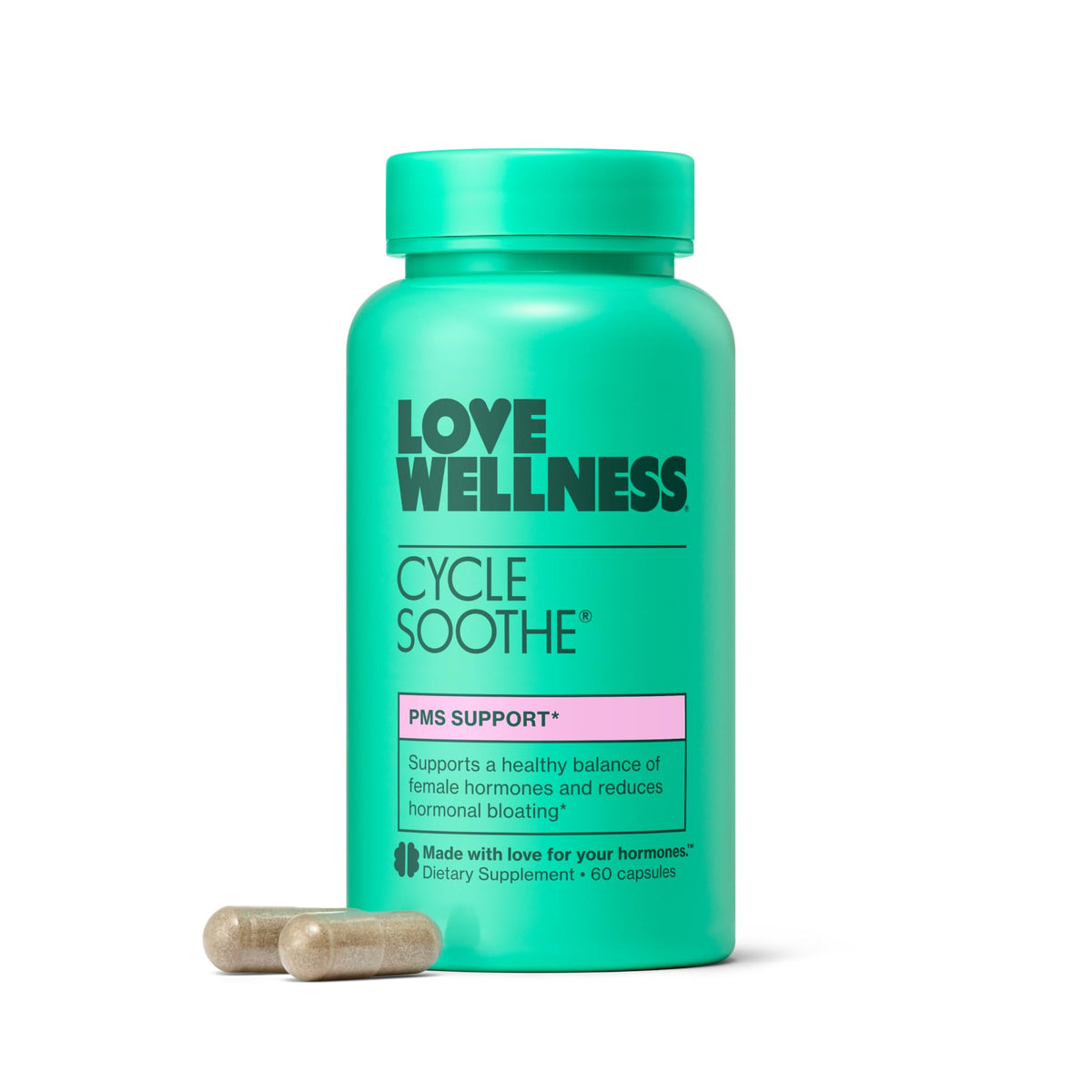 Love Wellness Cycle Soothe: botella de cápsulas para uso diario y apoyo al ánimo