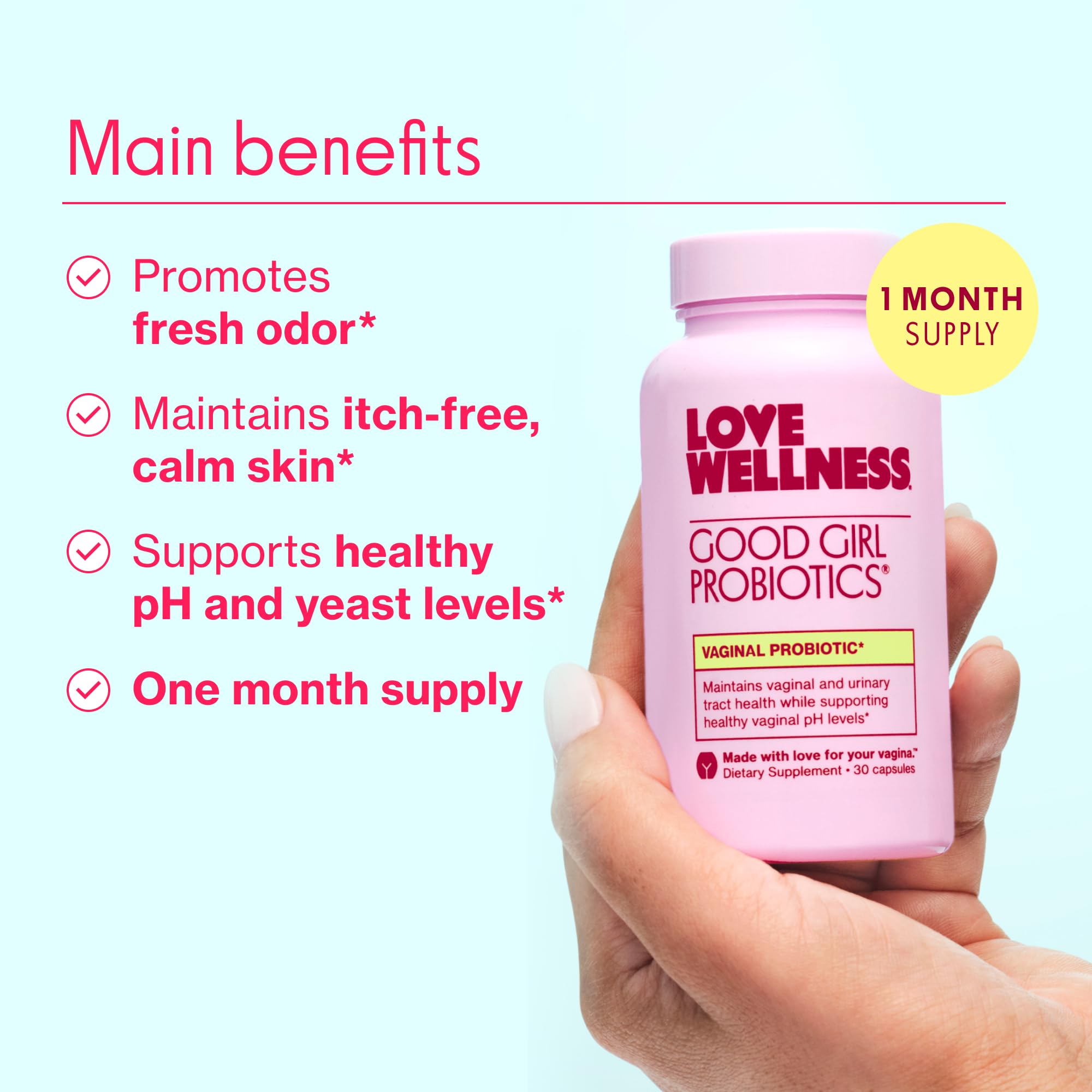 Good Girl Probiotics en cápsula vegana, muestra formato cómodo para uso diario.