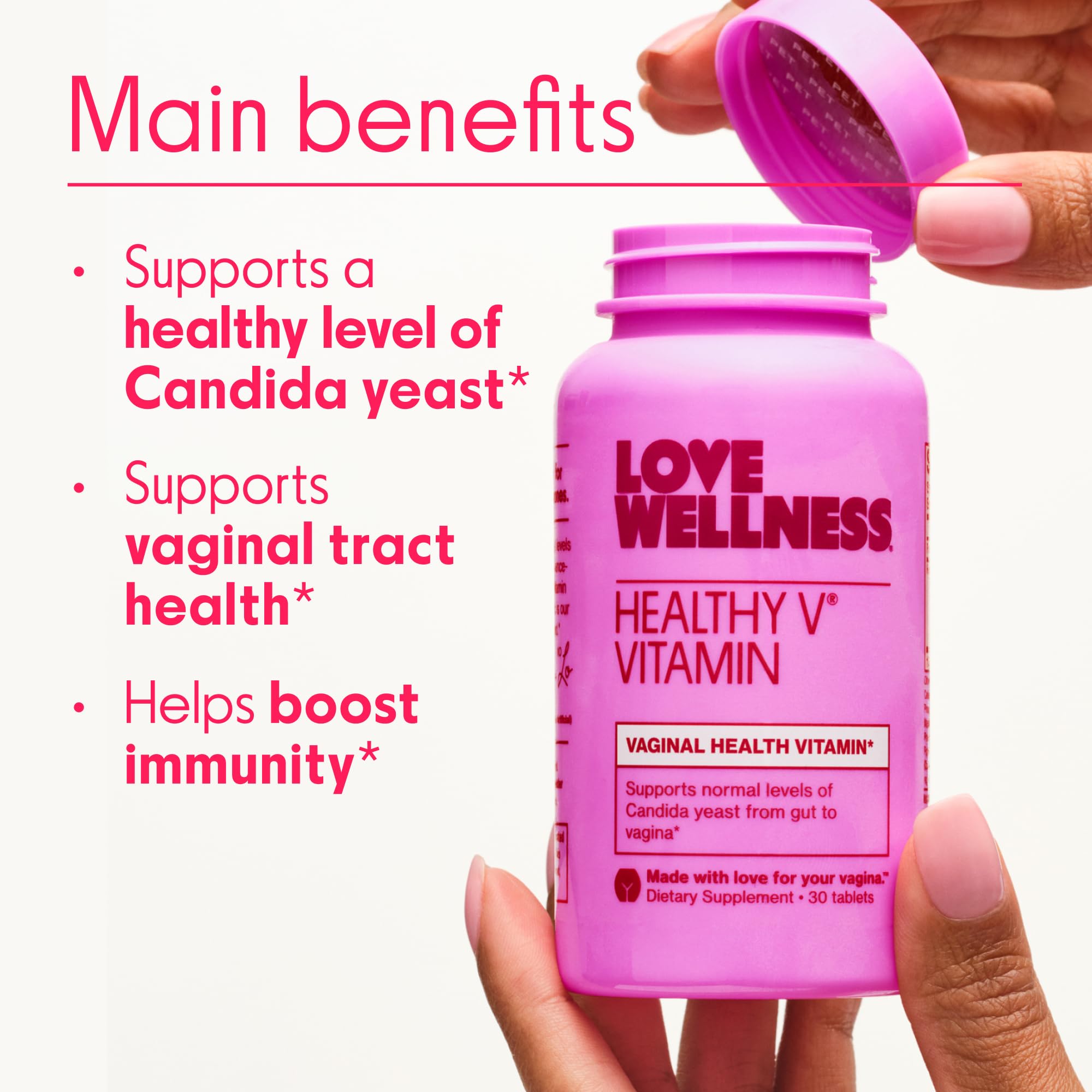 Healthy V Vitamin con etiqueta visible, apoyo al balance de Candida y a la inmunidad.