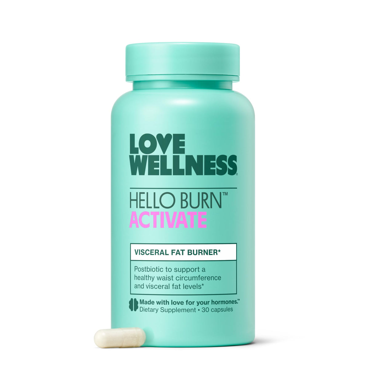 Love Wellness Hello Burn Activate: botella en primer plano para apoyo del metabolismo