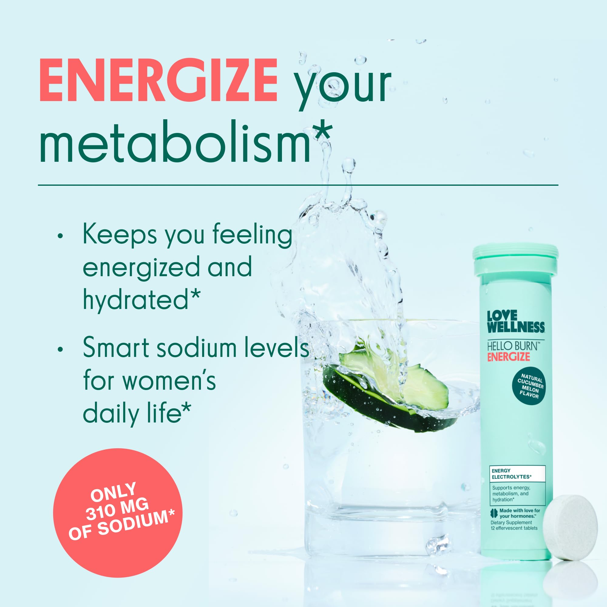 El envase de Hello Burn Energize muestra información nutricional para uso diario.