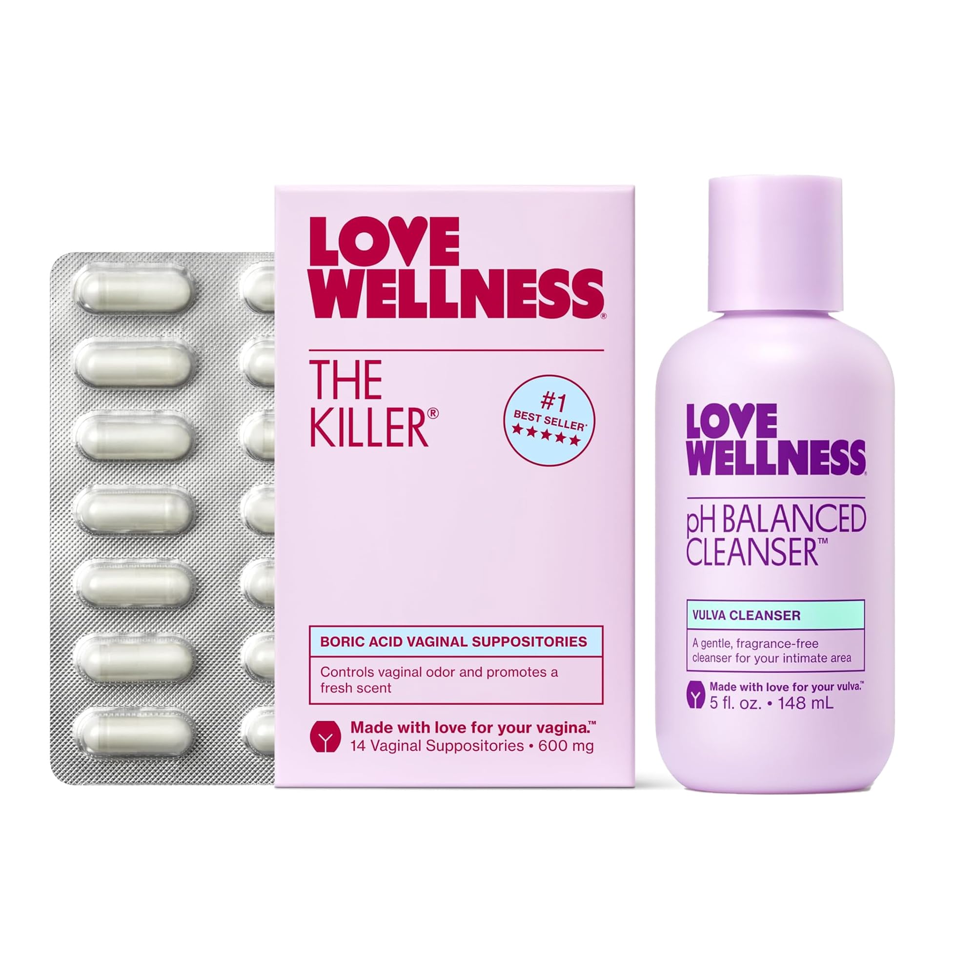 Love Wellness: botella de limpiador equilibrante de pH para uso diario.