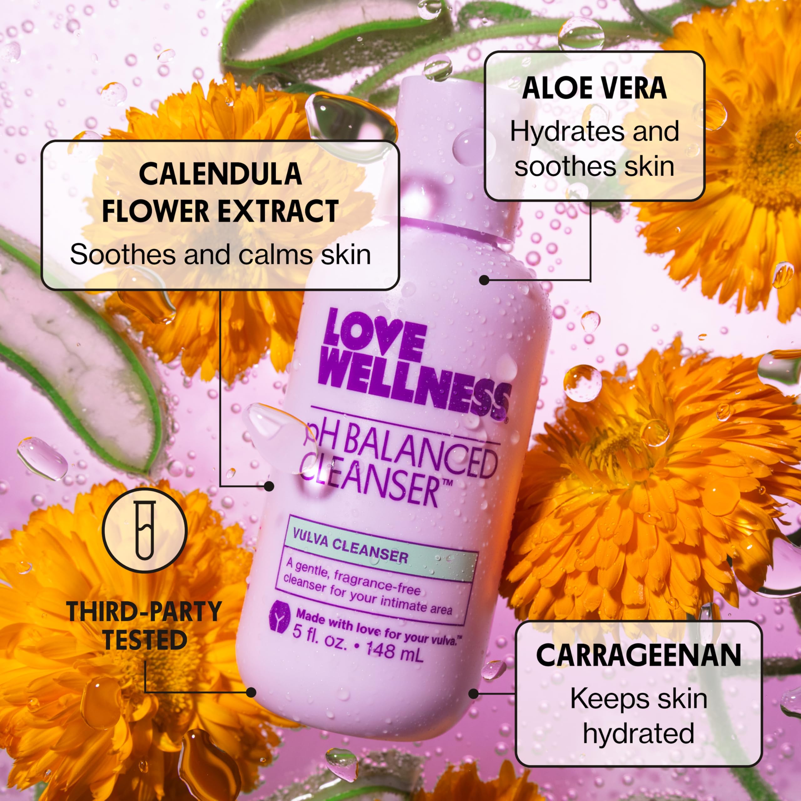Love Wellness pH Balance Cleanser, aplicación en ducha, espuma suave para higiene íntima diaria.
