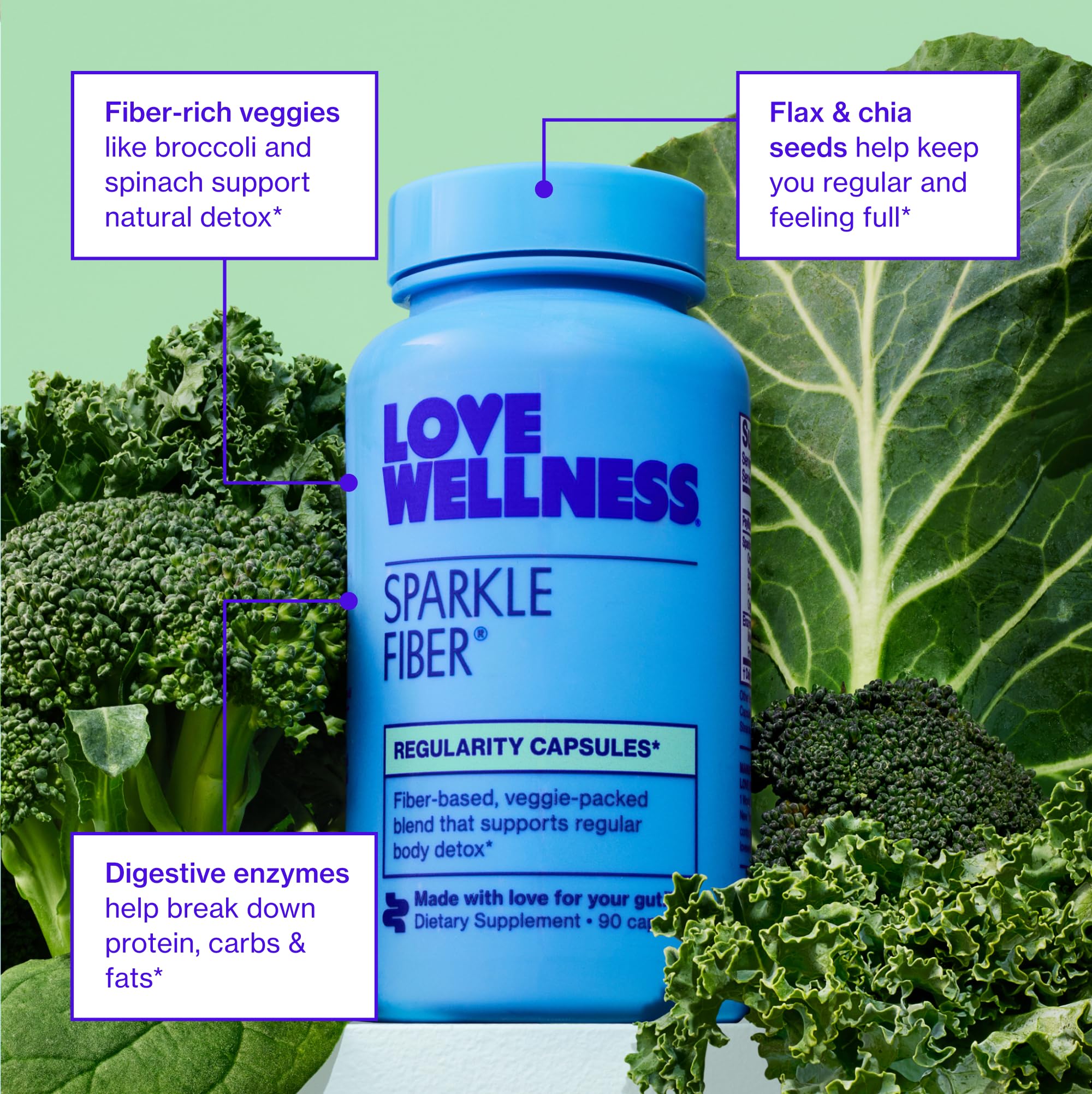Sparkle Fiber de Love Wellness con brócoli orgánico y polvo vegetal.