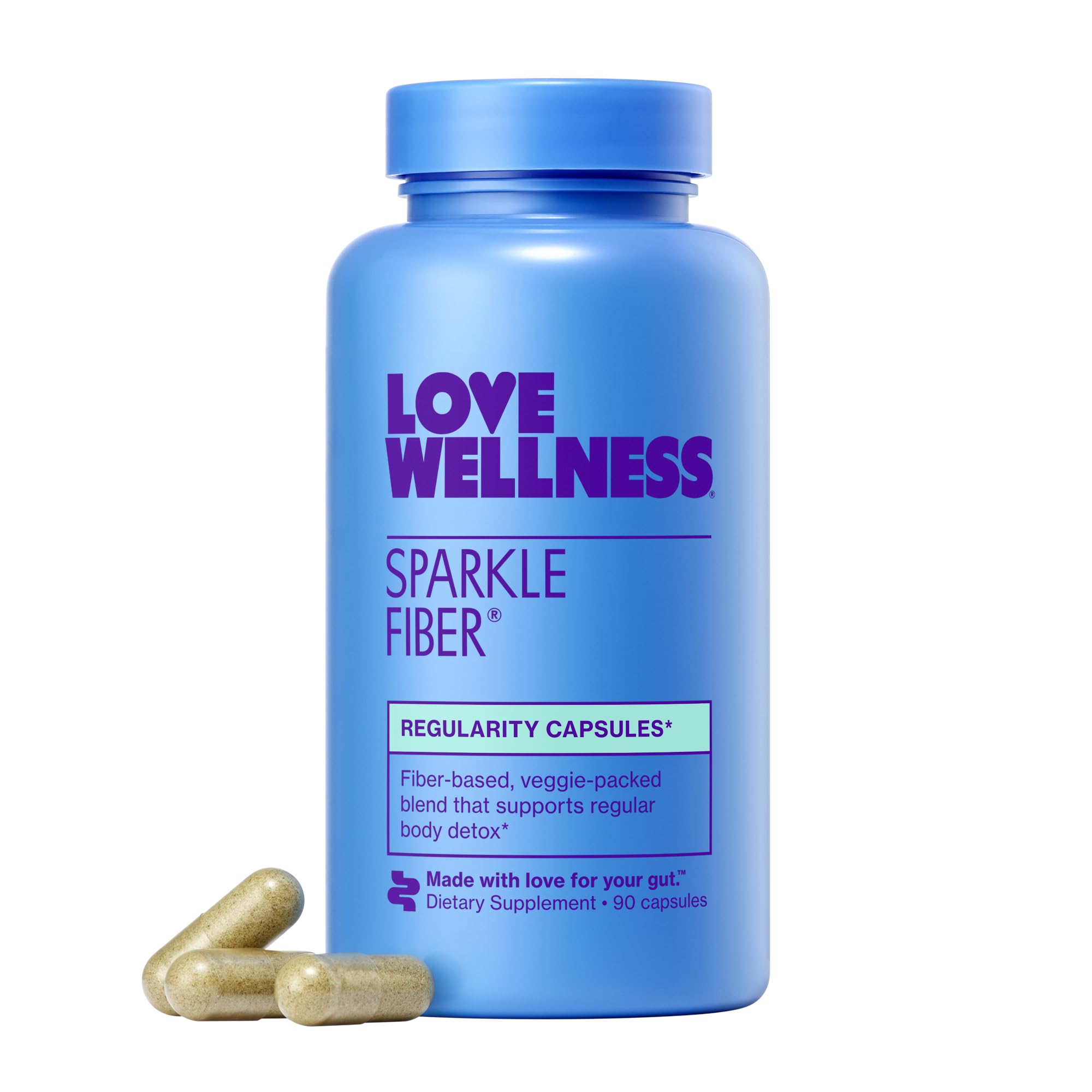 Love Wellness Sparkle Fiber cápsulas: apoyo digestivo suave para la rutina diaria.