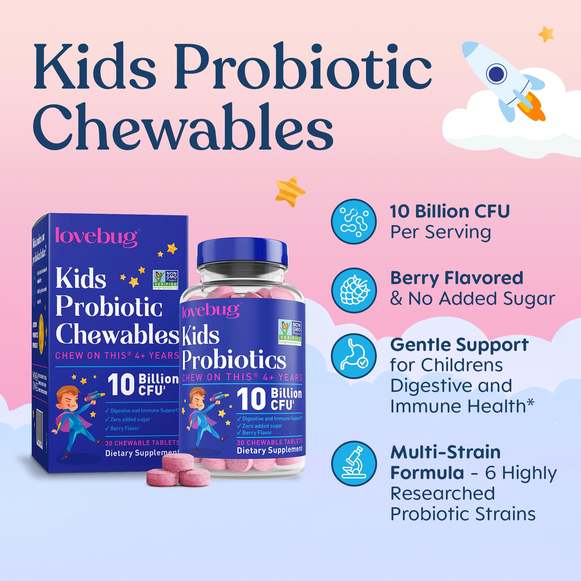 LoveBug con 7 cepas para niños, promueve una digestión equilibrada.