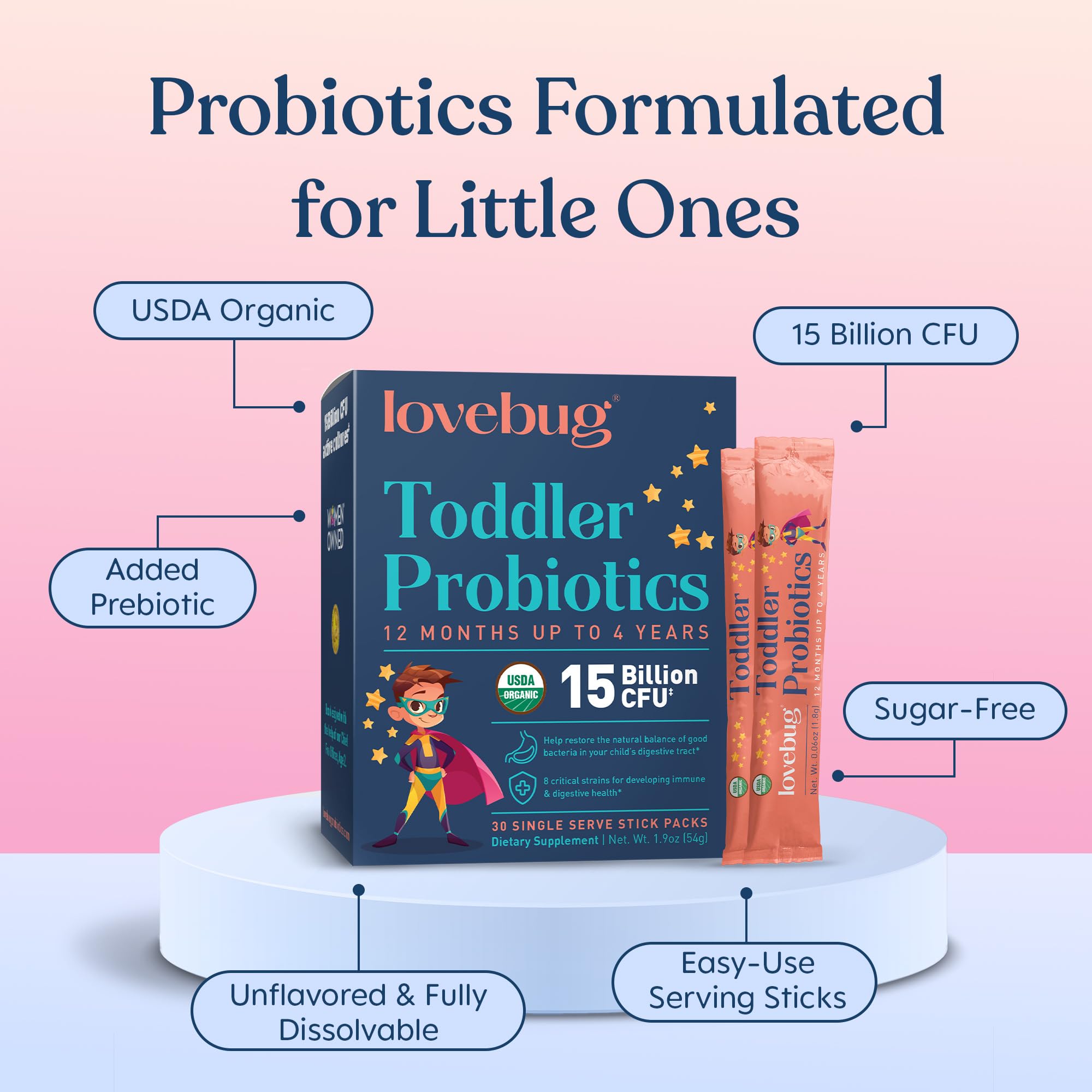 LOVEBUG dosis diaria para niños de 1 a 4 años, fácil de mezclar.