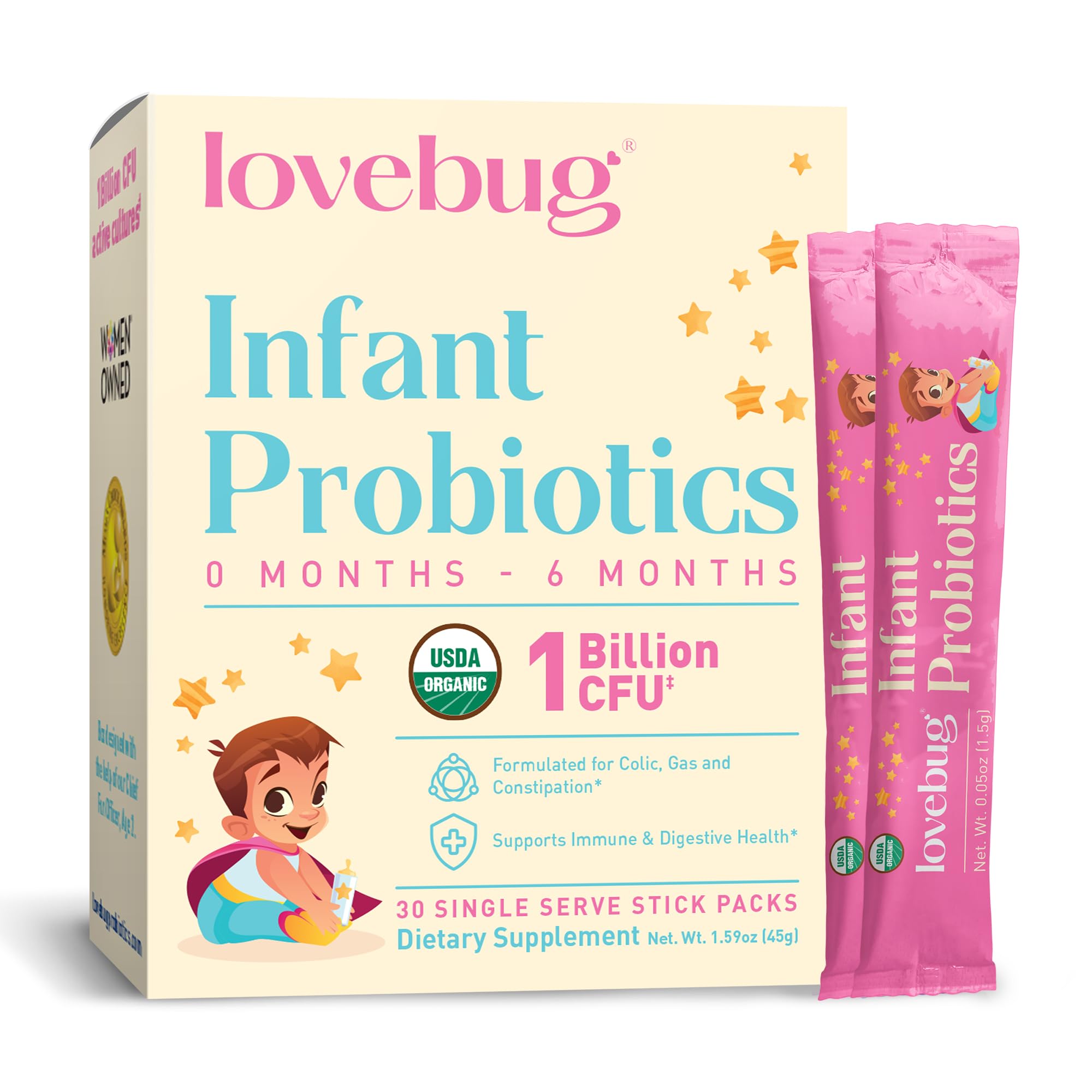 LOVEBUG Infant Probiotics envase frontal, apoyo diario para la salud digestiva del bebé