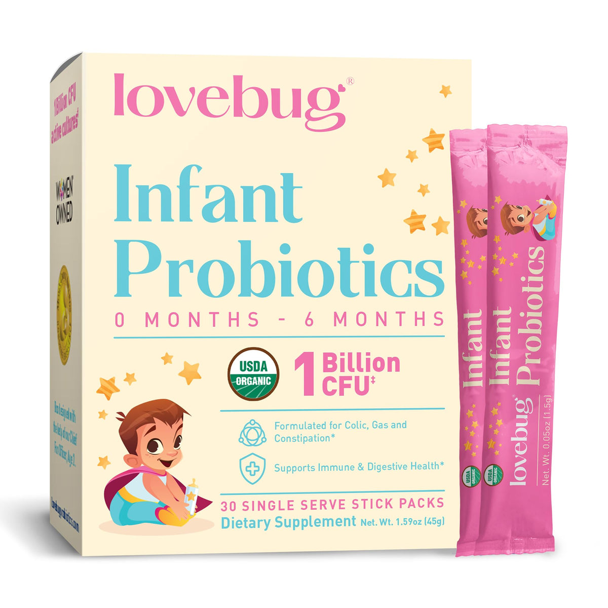 LOVEBUG Infant Probiotics envase frontal, apoyo diario para la salud digestiva del bebé