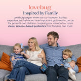Lovebug Kids Probiotic Powder envase de 30 dosis, práctico para la rutina.