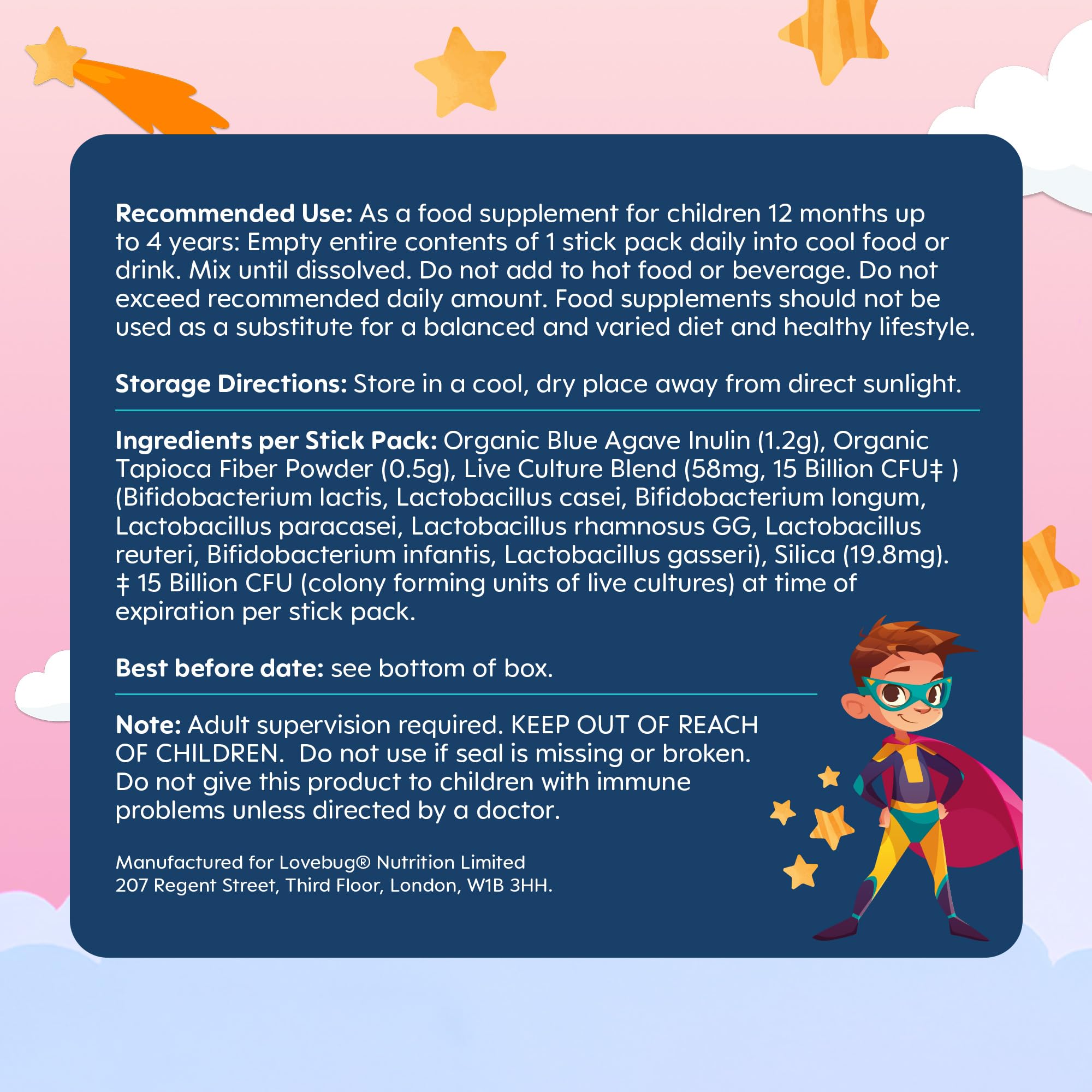 Lovebug Kids Probiotic Powder para niños de 1 a 4 años.