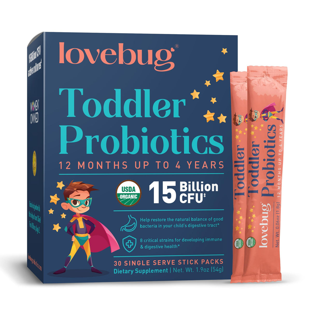 Lovebug Kids Probiotic Powder sin sabor, mezcla fácil para apoyo digestivo.