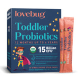 Lovebug Kids Probiotic Powder sin sabor, mezcla fácil para apoyo digestivo.