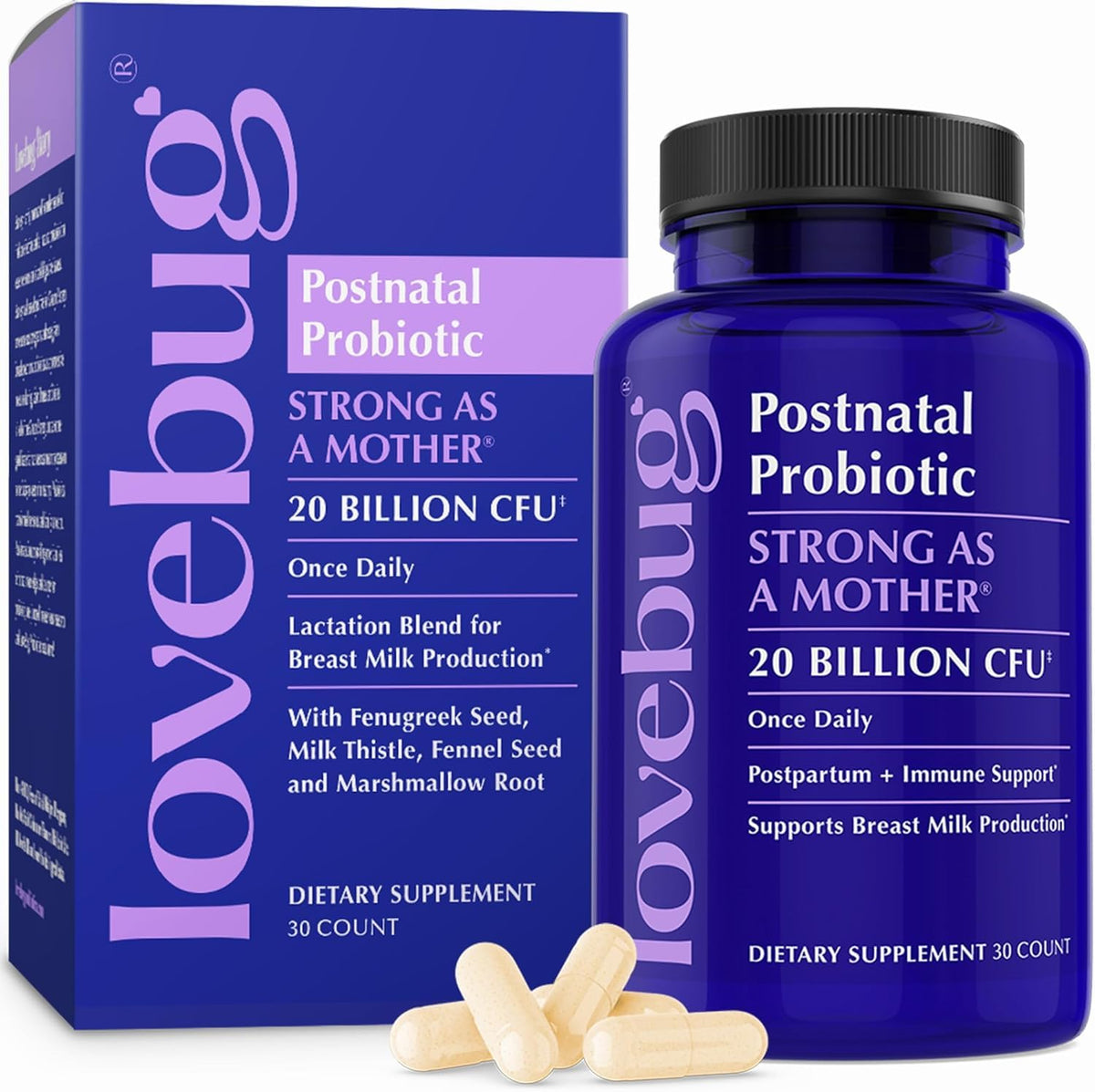 LOVEBUG Postnatal Probiotics, bote de cápsulas, apoyo para la salud digestiva posparto.