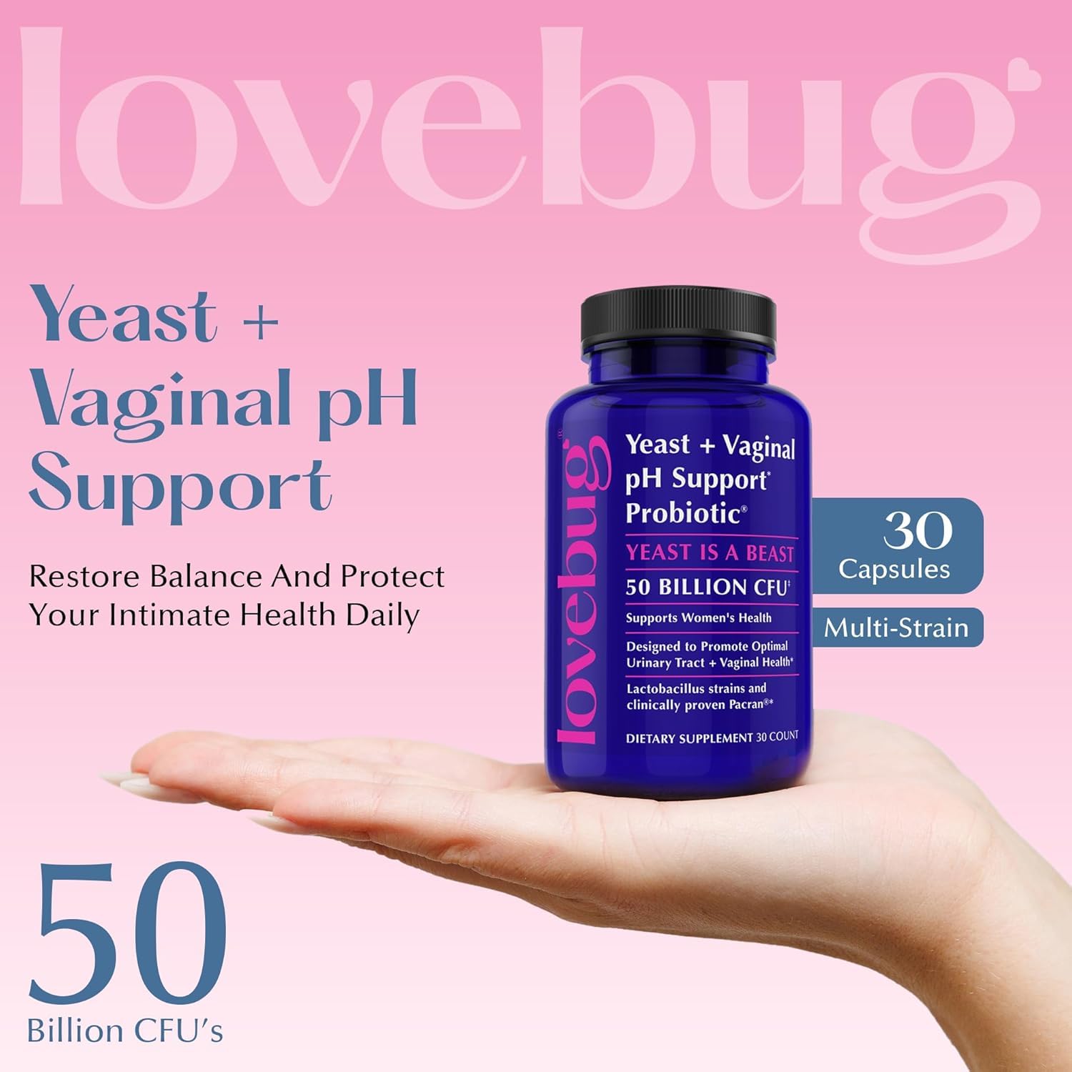 LOVEBUG Probióticos – 50 mil millones UFC en 5 cepas para equilibrio vaginal.