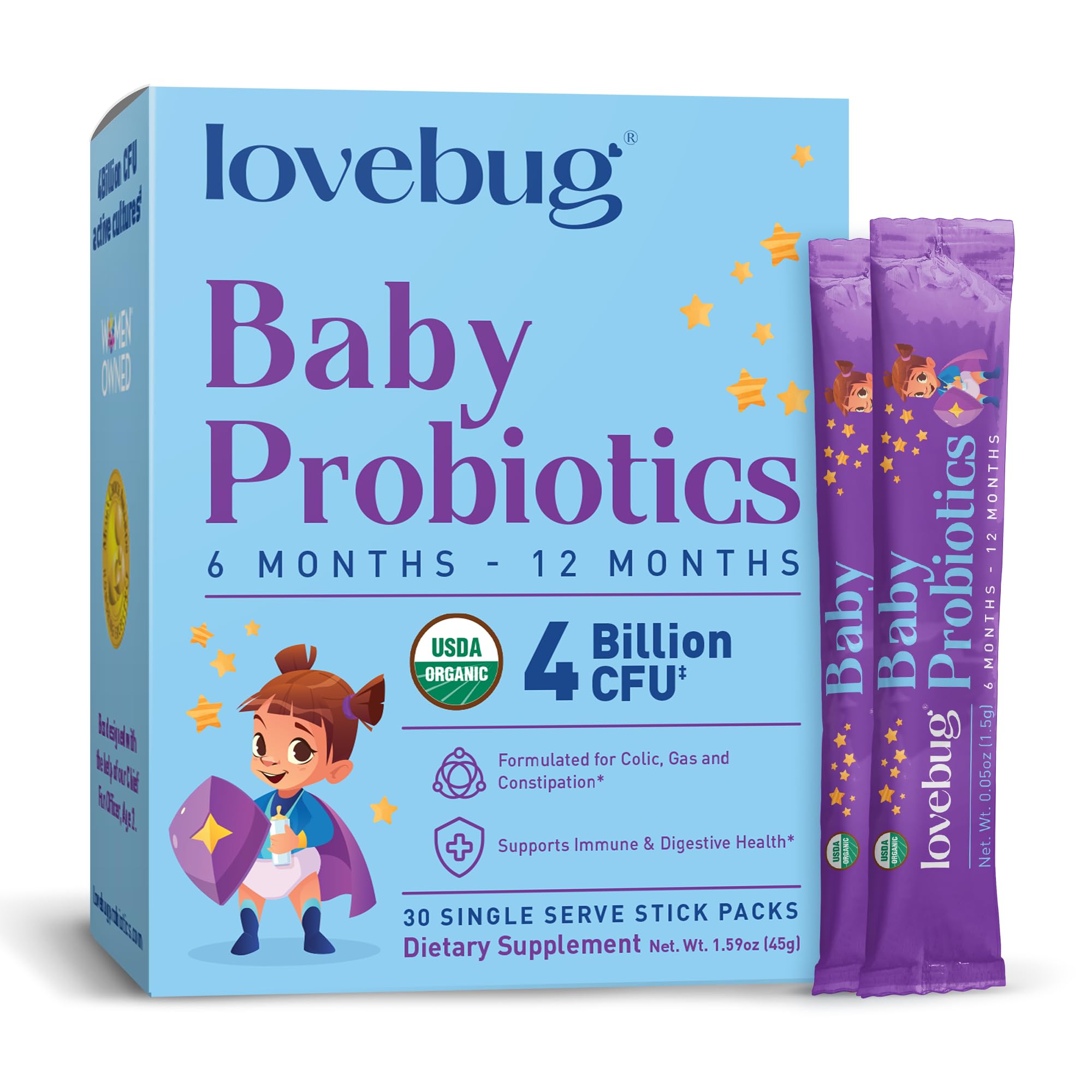 Lovebug Probiotics para bebés, bote, ideal para uso diario.