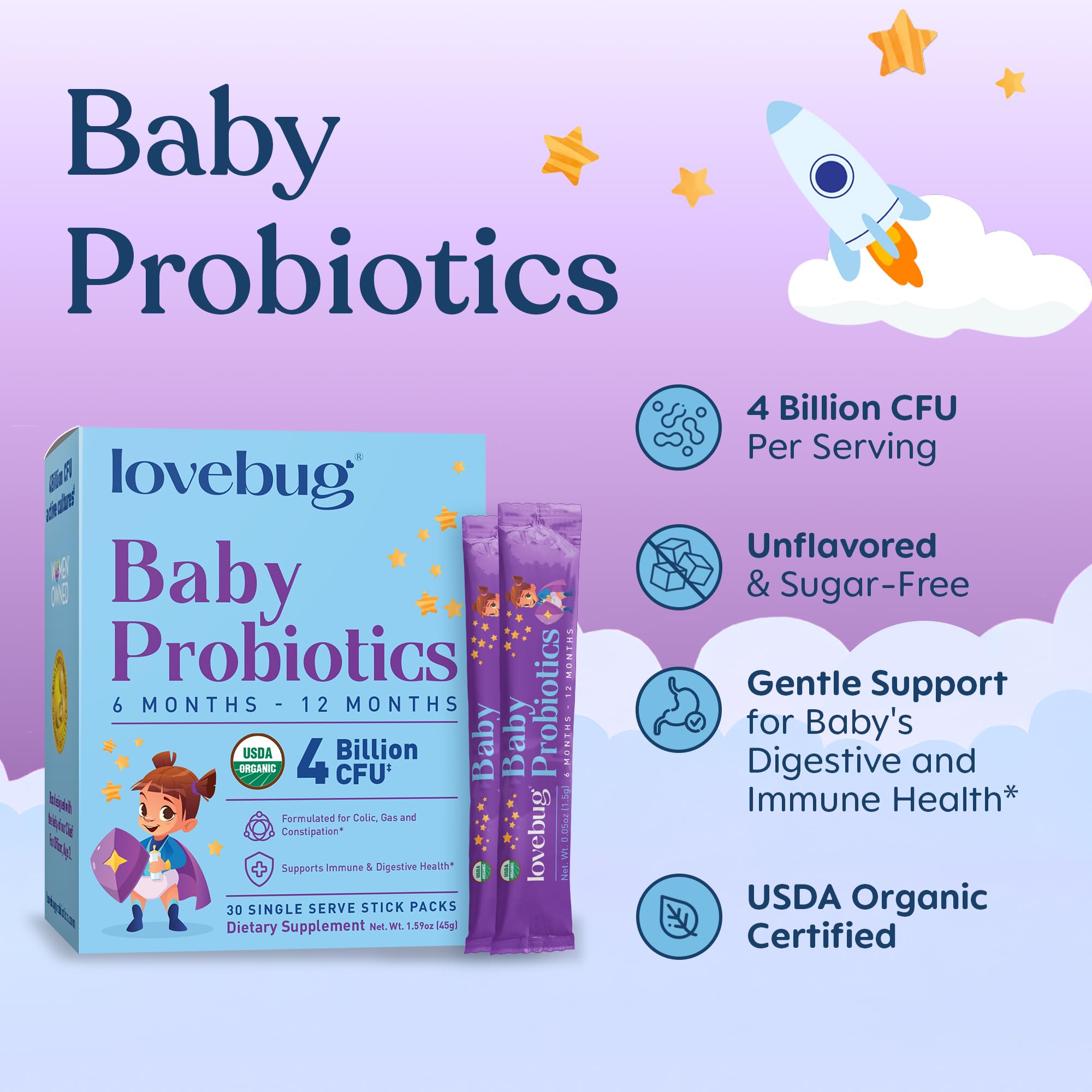 Lovebug Probiotics para bebés, cuchara medidora, dosis sencilla.