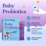 Lovebug Probiotics para bebés, cuchara medidora, dosis sencilla.