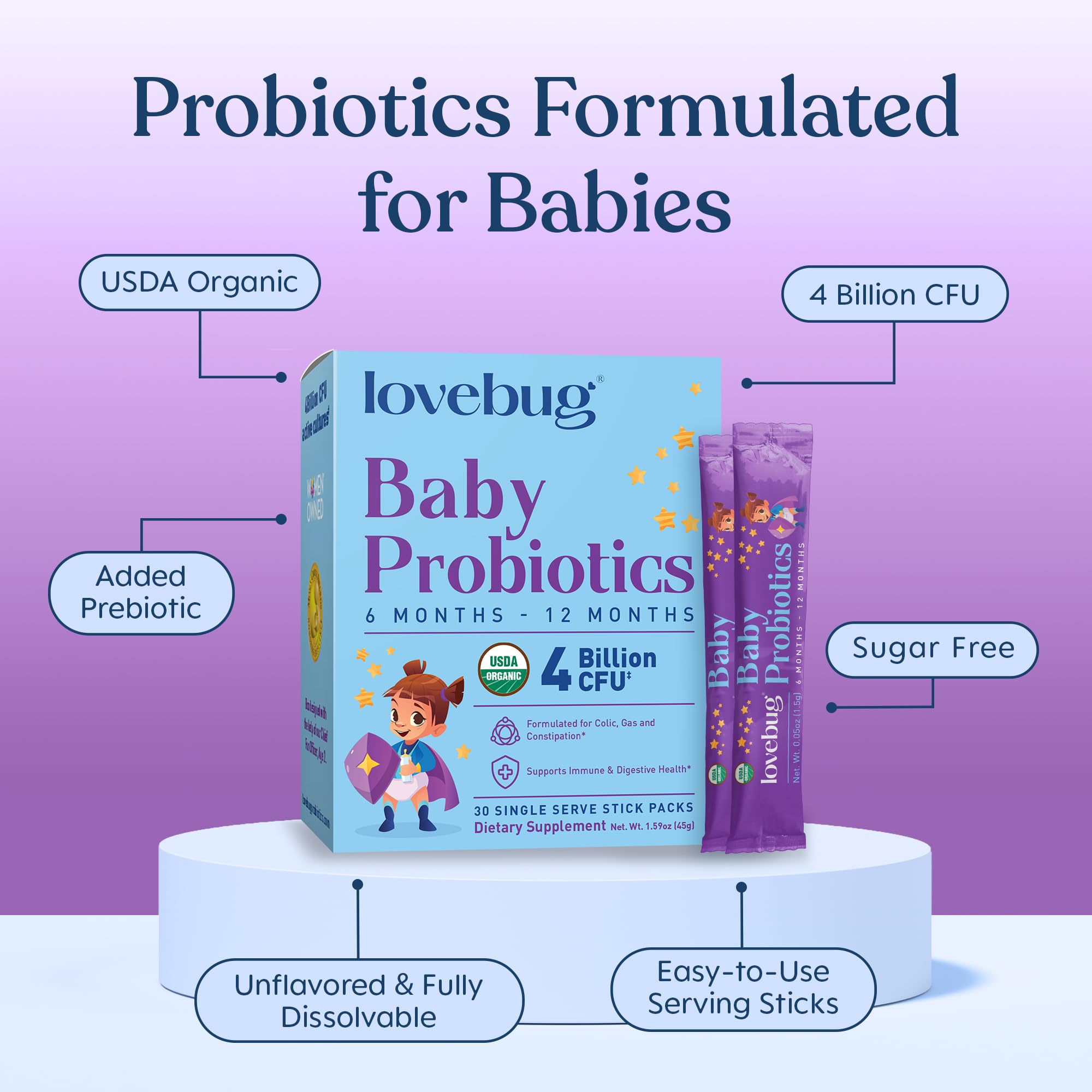 Lovebug Probiotics para bebés, se mezcla fácilmente en leche o puré.