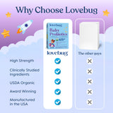 Lovebug Probiotics para bebés, apto para purés y bebidas.