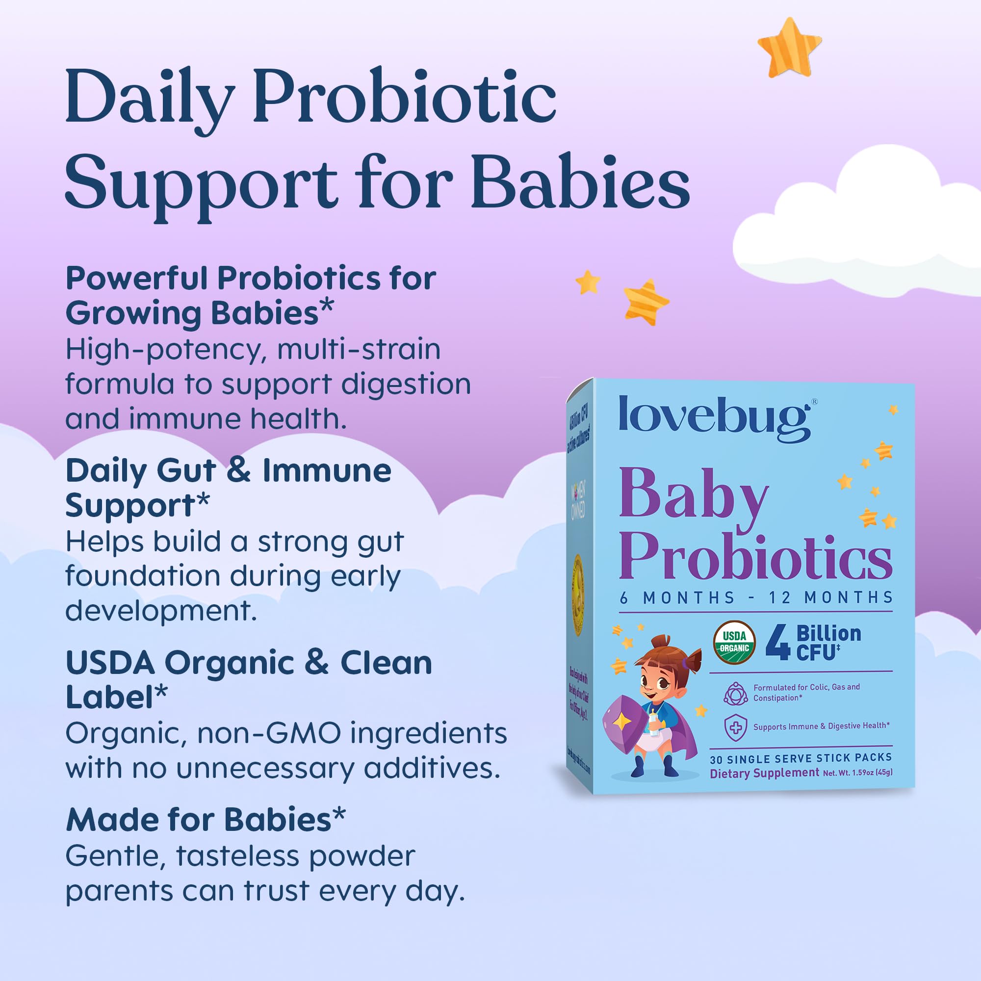 Lovebug Probiotics para bebés, polvo neutro, se disuelve rápidamente.